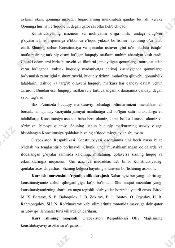 o bera olamiz, kerak bo’lsa kurasha olamiz va o’zimizni himoya qilamiz. shuning uchun huquqiy mafkuraning asosiy o’zagi hisoblangan konstitutsiya qoidalari bizning e’tiqodimizga aylanishi lozim. o’zbekiston respublikasi konstitutsiyasi qadrqimma tini hech narsa bilan o’lchab va tenglashtirib bo’lmaydi. chunki unda mustahkamlangan qoidalarda va ifodalangan g’oyalar zamirida xalqning, millatning, qolaversa sizning huquq va erkinliklaringiz mujassam. uni aziz va muqaddas deb bilib, konstitutsiyadagi qoidalar asosida yashash sizning kelgusi hayotingiz farovon bo’lishining asosidir. kurs ishi mavzusini o’rganilganlik darajasi: xabaringiz bor yangi tahrirdagi konstitutsiyamiz qabul qilinganligiga ko’p bo’lmadi. shu nuqtai nazardan yangi konstitutsiyamizning sharhi va unga tegishli adabiyotlar hozircha yetarli emas. biroq m. x. baratov, s. b. boboqulov, i. b. zokirov, b. i. ibratov, o. oqyulov, h. r. rahmonqulov, sh. n. ro’zinazarov kabi olimlarimiz tomonida mavzuga doir qator uslubiy qo’llanmalar turli yillarda chiqarilgan. kurs ishining maqsadi. o’zbekiston respublikasi oliy majlisining konstitutsiyaviy asoslarini oʻrganish. kurs ishining maqsadiga muvofiq quyidagi vazifalari: - o’zbekiston respublikasi oliy majlisi tizimini nazariy …