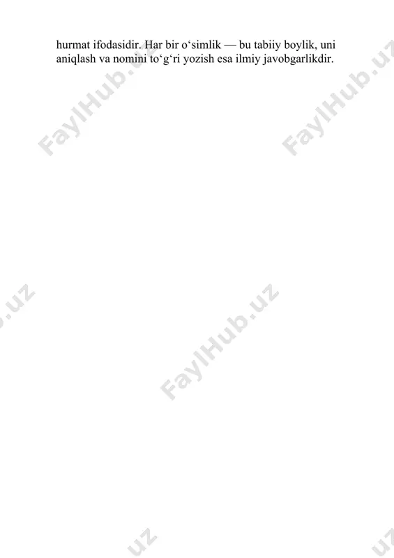 ogik xususiyatlarga ega. bunday joylarda yashaydigan o‘simliklar ko‘pincha qurg‘oqchilikka chidamli, ildiz tizimi rivojlangan va hayot shakli jihatdan x ilma - xil bo‘ladi. ushbu o‘simliklarni to‘g‘ri aniqlash va o‘rganish uchun gerbariy usuli juda muhim ahamiyatga ega. gerbariy — bu o‘simliklarning quritilgan, presslangan holatda saqlanadigan ilmiy namunalar to‘plamidir. u orqali biz o‘simlikning tashqi tuz ilishi, bargi, guli, poyasi va ba’zan mevasi kabi belgilariga asoslanib turning nomini aniqlashimiz mumkin. ayniqsa, adir zonasi kabi murakkab floristik hududlarda bu usul o‘simliklarni ajratib olishda ishonchli vosita hisoblanadi. adir o‘simliklari ichida yovvoyi piyoz ( allium spp.), shuvoq ( artemisia spp.), qo‘ng‘iroqgul ( campanula spp.), beda va boshqa ko‘p yillik o‘tlarga tez - tez duch kelinadi. ularni gerbariy orqali aniqlash uchun dichotomik kalitlar, floristik qo‘llanmalar va ilmiy kataloglardan foyda laniladi. har bir gerbariy namunasiga turning ilmiy nomi, topilgan joyi, sanasi va sharoiti yozib qo‘yiladi. gerbariy namunalarining yana bir muhim jihati shundaki, ular yillar davomida saqlanib, boshqa tadqiqotchilar tomonidan …