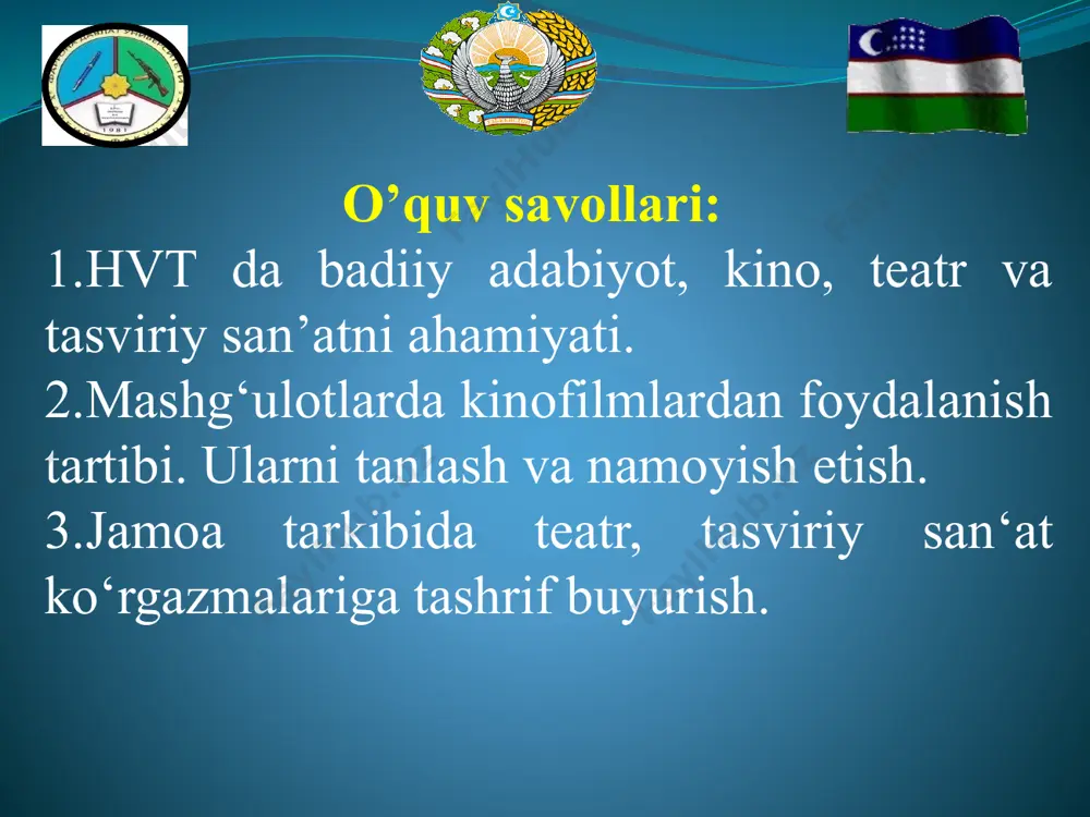 ri ma’naviy sabablarining chuqur asoslarini tushunishga yordam beradi. birinchi holdagi vaziyatlar an’anaviy xabar beruvchi ma’lumotlar uslubiga, ma’lumotlarni jiddiy «quruq» bayon qilishga, xulosalarni mantiqan tushunishga asoslangan. ikkinchi holdagi vaziyatlar murakkab amalga oshirish uslubini talab qiladi va quyidagi pedagogik talablarni bajarilish lozimligini mo‘ljallaydi: - harbiy vatanparvalik ruhida tarbiyalash faoliyati tajribasining ko‘rinishlarini ajratish; - programmalash asosida ma’ruzani ishlab chiqish. uchinchi holdagi vaziyatlar o‘quvchilarning urush va tinchlik muammolariga munosabatini, o‘zlarining vatanni himoyalash fuqarolik majburiyatiga munosabatini chuqur o‘rganib chiqishni talab etadi. urush haqidagi bizning asarlarimiz qahramonlar ma’naviy dunyosini og‘ir sinovlarda ochib beradi, o‘quvchilar ongida vatan va butun dunyoda tinchlik himoyachilari namunasini yaratib va o‘rgatib qolishiga intiladi. (taqlid etish uchun misollar keltiring). 2. mashg‘ulotlarda kinofilmlardan foydalanish tartibi. ularni tanlash va namoyish etish. o‘quv muassasalarida filmlar namoyish etishda «chaqiruvga qadar boshlang‘ich tayyorgarlik” o‘qituvchilari va bevosita tarbiyachilar ularni tanlab olish bilan shug‘ullanishlari kerak, kinofilmlarni namoyish etishni rejalashtirishda ko‘llanmalardan foydalanishlari kerak. har bir film yaratilgan yili, kinostudiyasi, necha qismdan …