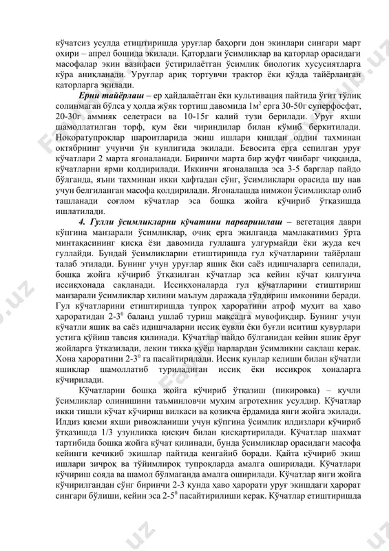 экиш – маркер ёки чизғич билан белгиланган эгатчаларга ҳамда катта майдонларга сеялка ёрдамида экишдир. экишнинг уяли усулида йирик уруғлар 2-3 донадан чуқурчаларга экилади. уруғлар сепма усулида қаторли ва уяли экишга кўра бир текис жойлашади. бу усул билан уруғлар иссиқхоналарга, яшикларга ва саёз идишчаларга сепилади, кўчатлар эса кейинчалик бошқа жойларга кўчириб ўтқазилади. уруғларни сепишда уларни майдон бўйича имконияти борича бир текис, зич қилмасдан сепиш керак акс ҳолда кўчатлар сиқилиб, нозик бўлиб қолади ва уларни сайраклатиш учун кўп вақт сарф қилинади. майда уруғларни бир текис сепиш учун қум ёки бўр билан аралаштирилади, жуда майда уруғларни эса, масалан бегония яхши кўриниши учун қор қатлами ёки оқиш нейтрал матерал устига сепилади. уруғлар қанчалик майда бўлса, улар шунчалар юзага экилади. манзарали ўсимликлар уруғи бевосита очиқ ерга сепилади ёки кўчат усули билан етиштирилади. 3. бир йиллик ўсимликларни кўчатсиз етиштириш усули. бир йиллик ўсимликларни кўчатсиз етиштириш усули меҳнат сарфини ва ўсимликлик таннархини маълум даражада камайтиради, бунда ўсимлик …