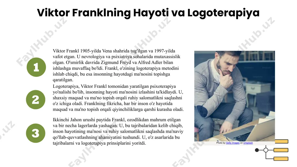 o topishlari va ruhiy holatlarini yaxshilashlari mumkin. franklning logoterapiyasi, insonning ma'noni izlash jarayonida qiyinchiliklarga duch kelishini va ulardan qanday o'tishni ko'rsatadi. ma'no izlash yo'llari logoterapiya nazariyasi hayotda ma'noni topish uchun bir qancha usullar mavjud: o'z-o'zini anglash, barchaga nisbatan mas'uliyatni qabul qilish va boshqalar. hayotning ma'nosini topish ma'no izlash inson hayotini boyitadi, ruhiy salomatlikni yaxshilaydi va qiyinchiliklarga bardosh berish imkoniyatini oshiradi. ma'no izlashning ta'siri xulosa • viktor franklning logoterapiya nazariyasi inson hayotining ma'nosini izlashda muhim rol o'ynaydi. • hayotning ma'nosi inson ruhining yuksalishi va qiyinchiliklarga qarshi kurashish imkoniyatini beradi. • logoterapiya yordamida inson o'z hayotidagi maqsad va mazmunni topishi mumkin. foydalanilgan adabiyotlar 1. viktor frankl. inson hayotining ma'nosi. o'zbekiston respublikasi fanlar akademiyasi, 2018 2. farhodbek tursunov. logoterapiya va uning amaliy qo'llanilishi. toshkent davlat universiteti noshirligi, 2021 3. dilshodbek mirzayev. viktor frankl va psixologiya: inson hayotining ma'nosi. psixologiya va ta'lim jurnali, 2020 4. olimbek suyunov. hayotga ha deb aytish: logoterapiya nazariyasi. o'zbekiston …