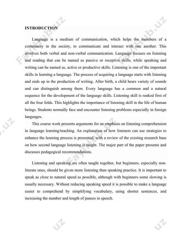 stated that: «there is little direct research on second language listening comprehension». as for that, we are doing this research not only to help students with better listening but also to contribute a small part to enrich the listening research which has been done so far. the topicality of the course work is due to the fact that the issues of teaching listening at school is studied insufficiently and require more attention and methodological development. the aim of the course work to explore the classification of techniques for teaching listening of a foreign language and developing students' listening comprehension. the general aims defines the following objectives of the research: 1. to explore listening comprehension peculiarities and fundamental characteristics. 2. to consider listening comprehension methods. 3. to study effective techniques for developing listening skills. the object of the given research is the process of teaching listening. the subject is the ways …