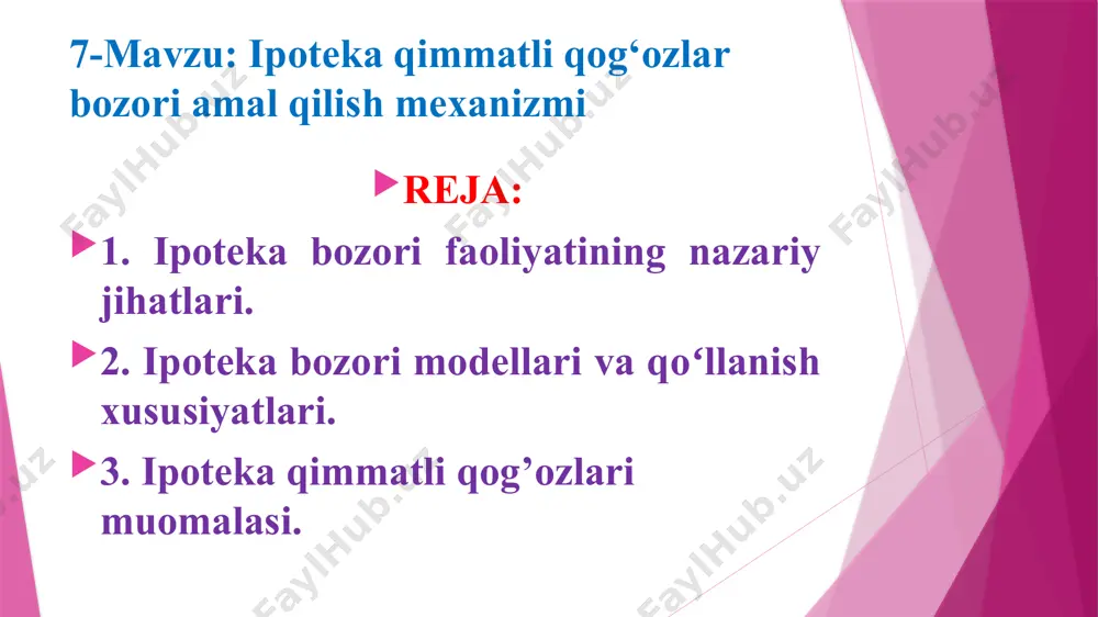 an qimmatli qogʻozdir. 3. ipoteka obligatsiyalari - majburiyatlarning bajarilishi ipoteka garov taʼminoti bilan taʼminlanadigan emissiyaviy qimmatli qogʻozdir. 4. ishtirok etish ipoteka sertifikati ipoteka taʼminoti umumiy mulkida oʻz egasining ulush huquqini tasdiqlovchi egasi yozilgan emissiyalanmaydigan qimmatli qog’ozdir. ipoteka qimmatli qogʻozlari ichida eng keng qoʻllaniladigan qimmatli qogʻoz turi bu ipoteka obligatsiyalaridir. ipoteka obligatsiyalari muomalasi ipoteka kreditlari mexanizmi yuzaga kelishiga xizmat qiladi. bunday amaliyot bozor iqtisodiyoti sharoitida quyidagilarga imkon beradi: - aholi va tashkilotlarning boʻsh pul mablagʻlarini moliya bozoriga jalb qilish va daromadlilikni taʼminlash; - uy-joy bozorini rivojlantirish asosida aholining uy-joyga talabini samarali qanoatlantirish; - fond bozorida savdo qilinadigan moliyaviy instrumentlar turlarini koʻpaytirish va hokazolar. ipoteka amaliyotining yuzaga kelishi qadimgi gretsiyada yerga egalik qilish va quldorlik bilan oʻzaro bogʻlanadi. bunda qarzga yer olgan shaxs oʻz vaqtida qarzini qaytara olmagan holatda qullikka olingani manbalarda qayd etiladi. qadimgi rim, umuman yevropada esa ipoteka amaliyoti oʻrta asrlardan boshlab qoʻllanilganligi taʼkidlanadi. ipoteka kreditlari boʻyicha qayta moliyalashtirish tizimi …