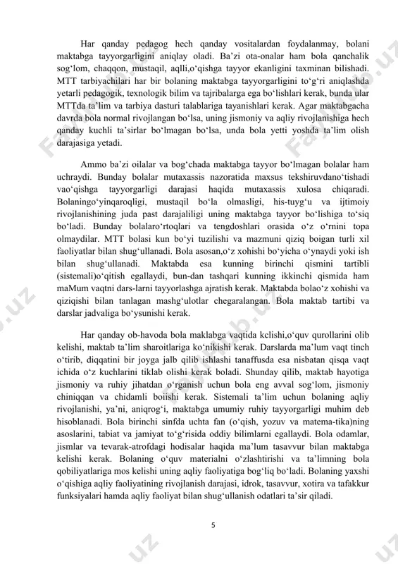 osiy faoliyatida, balki ijtimoiyo‘rnida hamo‘zgarishlar sodir boiadi. bola munosabatlari shakllangan tanish tengdoshlar va kattalar jamoasidan, notanish bolalar va kattalar jamiyatiga o‘tadi. oldingi jamoada bola o‘zining huquq, burch va imtiyozlarini bilar edi, yangi shakllanayotgan maktab jamoasida esa bolao‘zini boshidan ko‘rsatishi kerak. bolaning burch va huquqlari, maktabgacha davrga nisbatan aniqroq va qattiqroq belgilanadi. bola faoliyatini baholashning muhim mezonlaridan biri nafaqat maktabda, balki oilada, tengdoshlar davrasida muvaffaqiyatlio‘qish bolib qoladi. maktabda uzoq muddat ota-ona g‘amxo‘rligisiz boigani sababli, bola o‘z yoshiga mos his-tuyg‘u va iroda mustahkamligiga ega boiishi,o‘z xulqini nazorat qila olishi kerak. agar o‘quvchi o‘qishga ijobiy yondashsa,o‘qishni xohlab, intilsa, ta’limdagi bosh-lang‘ich qiyinchiliklarni tezroq va osonroq bartaraf etadi. irodali bolish bolaga barcha maktab vazifalarini doimiy va muvaffaqiyatli bajarishida muhim ahamiyatga ega. bilim va ijtimoiy hayot qonun-qoidalariga rioya qilish, xarakter ijobiy jihatlarining shakllanganligi bolaga boshqa bolalar bilan muloqotda, sinfdoshlar bilan do‘stona munosabato‘rnatishda va jamoada faol ishtirok etishida juda katta yordam beradi. bolaning maktabga umumiy tayyorgarligi deganda …
