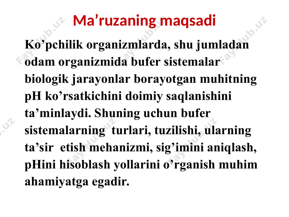 kislotaning kuchli asos bilan hosil qilgan tuzining aralashmasi. masalan: ch3cooh + ch3coona – atsetatli bufer eritma 2. kuchsiz asos va shu asosning kuchli kislota bilan hosil qilgan tuzining aralashmasi. masalan: nh4oh + nh4cl - ammiakli bufer eritma ko’riladigan bufer sistemalar ch3cooh + ch3coona - atsetatli bufer sistema nh4oh + nh4cl - ammiakli bufer sistema h2co3 + nahco3 - gidrokarbonatli bufer sistema nah2po4 + na2hpo4 - fosfatli bufer sistema ptcooh + ptcoona - oqsilli bufer sistema hhb + khb - gemoglobinli bufer sistema hhbo2 + khbo2 - oksigemoglobinli bufer sistema kislotali bufer sistema uchun genderson-gasselbah tenglamasi ch3cooh ch3coo- + h+ ch3coona ch3coo- + na+ [h+][ch3coo-] kislota uchun: kdis.=------------------- yoki: [ch3cooh] [ch3cooh] [h+] = kdis.----------------- [ch3coo-] kislotali bufer sistema uchun genderson-gasselbah tenglamasi [ch3cooh] -lg [h+] = -lgkdis.- lg---------------- [ch3coo-] c tuz ph = pkk-ta + lg ----------- c k-ta asosli bufer sistema uchun genderson-gasselbah tenglamasi nh4oh nh4+ + oh- nh4cl nh4+ + …