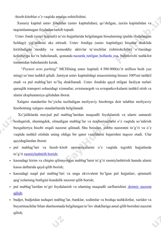 achilar bilan shartnomada belgilangan to’lov shakllariga amal qilib borishni nazorat qilish; · qarzlarni qaytarish muddatidan o’tkazib yubormaslik maqsadida debitor va kreditorlar o’rtasidagi o’zaro hisob – kitoblarni o’z vaqtida taqqoslama dalolatnomalar bilan rasmiylashtirish hamda uni so’ndirish bo’yicha chora-tadbirlar ko’rish; · xo’jalikning pul mablag’lari harakatini oldindan prognozlash va pul oqimini me’yorlashtirish bo’yicha tegishli tadbirlar ishlab chiqishda iboratdir. kassadagi naqd xorijiy valuta qoldig’i vaqti-vaqti bilan so’mga nisbatan qaytadan baholanib turiladi. ijobiy va salbiy kurs farqi 5020 «chet el valutasidagi pul mablag’lari» schyotida tegishli 9540 «valutalar kurslari farqlaridan foydalar» yoki 9620 «valutalar kurslari farqlaridan zararlar» schyotlari bilan bog’liqlikda aks ettiriladi. hozirgi vaqtda materiallarni baholashda quyidagi usullar qo’llanilmoqda: - erkin bozor (shartnoma) yoki davlat tomonidan tartibga solinadigan (preyskurant) ulgurji baholar. bu narx tovar jo’natish shartnomalarini tuzishda korxona tomonidan mustaqil belgilanadi va mol yuboruvchi va mol oluvchi bilan hisob – kitoblar olib borishda mol yuboruvchining to’lov hujjatlarida ko’rsatilib molning chiqarilish (sotish) narxi shaklida foydalaniladi; - nomenklatura …