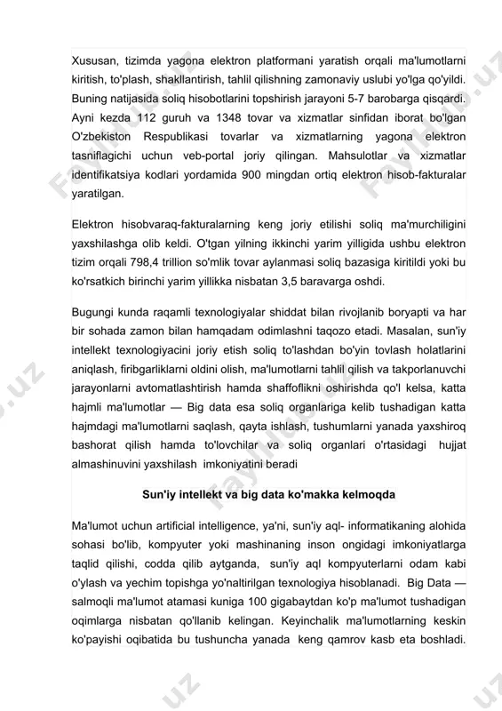 anba kuni uyga qaytishda ozgina charchaganingizni sezdingiz, bundan tashqari dushanba kuni ishga borish kerak. shunda siz smartfoningizni olib darrov o'zingizga va oila a'zolaringizga afrosiyob tezyurar poyezdlariga chipta olib, vokzalga borasiz va uyga yo'l olasiz, mashina vokzalda qoldiriladi... raqamli texnologiyalar hayotimizga shunchalik singib ketdiki, bugungi kunda nafaqat kundalik faoliyatimiz, balki ijtimoiy-iqtisodiy sohalar rivojini ham ularsiz tasavvur qilib bo'lmaydi. tabiiyki, boshqa sohalarda bo'lgani singari kabi paqamli texnologiyalarni soliq ma'murchiligida joriy etish ham uning faoliyatini tubdan o'zgartirmoqda. bu nafaqat soliq to'lovchilar va soliq organlari o'rtasidagi munosabatlar bilan bog'liq bo'lib qolmay, balki deklaratsiyalarni taqdim etishdan tortib, to soliqlarni to'lash va ma'lumotlarni saqlash usullarigacha ham yangilikliklar kirityapti. xususan, tizimda yagona elektron platformani yaratish orqali ma'lumotlarni kiritish, to'plash, shakllantirish, tahlil qilishning zamonaviy uslubi yo'lga qo'yildi. buning natijasida soliq hisobotlarini topshirish jarayoni 5-7 barobarga qisqardi. ayni kezda 112 guruh va 1348 tovar va xizmatlar sinfidan iborat bo'lgan o'zbekiston respublikasi tovarlar va xizmatlarning yagona elektron tasniflagichi uchun veb-portal …