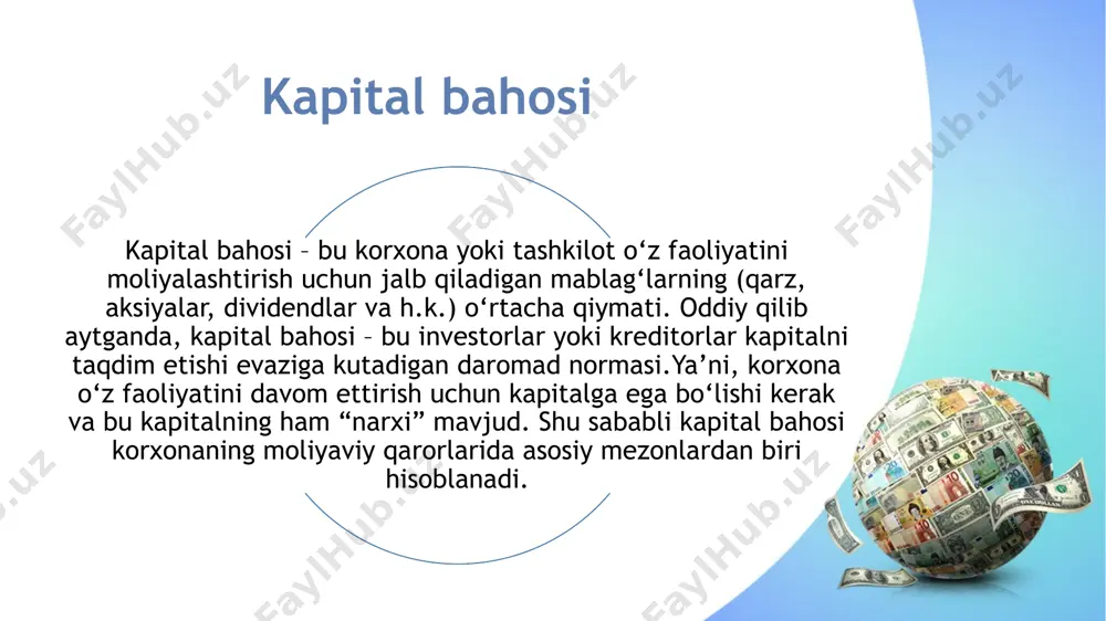 an yirik korxonalar. find more powerpoint templates on prezentr.com! kapital qo'yilmalar - bu, qoida tariqasida, maqsadli korporativ fondlarda yoki kompaniyaning alohida bank hisobvaraqlarida to'plangan mablag'lar. ushbu mablag'lar ko'pincha shakllantiriladigan manbalar: firmaning o'z daromadi; investitsiyalar; kreditlar; byudjet tushumlari. find more powerpoint templates on prezentr.com! asosiy kapitalga kapital qo'yish usullari kompaniyaning asosiy kapitaliga investitsiya qilishning ikkita asosiy usuli mavjud. birinchidan, markazlashtirilgan yondashuv mavjud. uning fikricha, investitsiyalarning asosiy miqdori korxonaning asosiy boshqaruv tuzilmalari darajasida mos keladi. masalan - kompaniyaning direktorlar kengashi yoki bosh tashkilot, agar kompaniya uning sho'ba korxonasi bo'lsa. find more powerpoint templates on prezentr.com! ikkinchidan, kompaniyaning asosiy fondlariga sarmoya kiritishning markazlashmagan usuli mavjud. bu mahalliy boshqaruv tuzilmalari darajasida mablag'larga investitsiyalar bo'yicha qarorlar qabul qilishni o'z ichiga oladi. masalan - ichki ishlab chiqarishni rivojlantirish va optimallashtirish xizmati find more powerpoint templates on prezentr.com! kapital qo’yilmalarning o’zini qoplash muddati va iqtisodiy samaradorligi toʻlov muddatiturli korxonalar o'rtasidagi iqtisodiy ko'rsatkichlarni solishtirganda kapital fondlarga investitsiyalar juda …