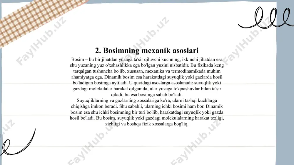 ajmi va ularning harakat tezligi bilan bog'liq bo'ladi. harorat oshganda molekulalar tezligi ortadi, shu sababli ular jismlar yuzasiga ko'proq urinadi va natijada bosim ham oshadi. bu aloqa fizikaning molekulyarkinetik nazariyasiga asoslanadi. harorat va bosim orasidagi aloqa dinamik bosimni tushunish uchun asosiy hisoblanadi. gazdagi molekulalar har xil tezlikda harakatlana boradi. ularning o'rtacha kinetik energiyasi harorat bilan proporsional bo'ladi. shu sababli, agar harorat oshsa, molekulalar tezligi ortadi, ular yuzaga ko'proq urinadi va bosim ham oshadi. 10. aralash vaziyatlarda bosim dinamik bosim – bu harakatdagi suyuqlik yoki gazning o'ziga xos xususiyati bo'lib, uning harakat yo'nalishiga parallel bo'lgan yo'nalishda hosil bo'ladigan bosimdir. dinamik bosim, quyidagi fizik qonunlarga asoslanadi: bernulli tenglamasi va gidrodinamik bosim tushunchasiga kiritilgan. bu bosim suyuqlik yoki gazning tezligi bilan bog'liq bo'lib, tezlik ortgani sifatida dinamik bosim ham oshadi. 11. energiya va bosim munosabati dinamik bosim bu suyuqlik yoki gazning harakat qilishidan hosil bo'lgan bosimdir. bu bosim, o'zgaruvchan tezlikdagi jismlarning harakati natijasida …