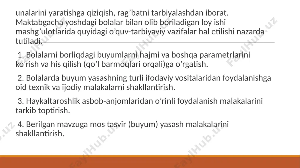quyidagi variantlarda namoyon bo‘ladi: ikkita bir xil shaklni birlashtirish (munchoq, devor); -o‘xshash, ammo turli hajmdagi shakllarni birlashtirish (halqachalar, piramida, qorbobo, sarak-sarak qo‘g‘irchoq, minora); -turli shakllarni birlashtirish (qo‘ziqorin, kapalak, qush) haykaltaroshlik uslubi bu uslubni yana plastik yoki butun bo‘lakdan modellashtirish deb atashadi. bolalarni loy bo‘lagining mayda qismlarini cho‘zib chiqarishga, barmoq bilan chuqurcha hosil qilishga, buklashga, biriktirilgan qismini mahkam qilib yopishtirishga o‘rganadilar. chimdib chnqarishga bolalar jo‘ja, qushlarni yasashda o‘rganadilar. shu jarayonda bolalar predmetlarni, ularning qismlarini, shakl kattali jihatdan taqqoslashga o‘rganadilar. obrazni jihozlash, dekoratsiyalash vosita va usullari plastik materiallar bilan ishlashda turli yordamchi usul va metodlardan foydalaniladi. bolalarni predmetning sifatlarini loydan tasvirlashga o‘rgatib boriladi. masalan: uzun, qisqa, ingichka, kalta, shuningdek, predmetlarni vertikal, tik holatda o‘rnatadilar, qismlarni mahkam biriktirishga, birlashtirilgan qismlarni silliqlashga o‘rganadilar. bolalar asta-sekin o‘z ishlariga mazmun berishni keng tadbiq etadilar, asosan bir butun loy bo‘lagidan haykaltaroshlik usulida yasaydilar. masalan: mushuk, kuchuk, quyon va boshqalar. plastilin, loy, polimer loy yoki polimer loy yoki …