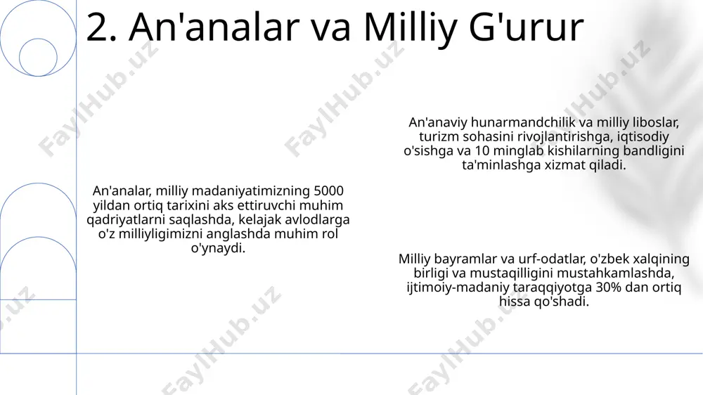 ning va urf-odatlarning bolalar tarbiyasidagi ahamiyati beqiyosdir. 10. bolalarda vatanga sadoqatni shakillantirishda an'analar o'zbekistonning boy tarixiy merosini aks ettiruvchi 200 dan ziyod an'anaviy hunarmandchilik turlari, millatlararo hamkorlik va o'zaro ta'sir natijasida paydo bo'lgan noyob san'at asarlarini yaratishda muhim rol o'ynaydi. milliy taomlar va musiqa, 3 ga yaqin turli xalqlarning an'anaviy elementlarini o'zida mujassam etuvchi sinxretizm misoli bo'lib, madaniy birlik va o'zaro hurmatni kuchaytiradi. turli millat an'analarining o'zaro boyitish xususiyati, 50 dan ortiq etnik guruh yashaydigan o'zbekistonda, madaniy xilma-xillikni aks ettiruvchi bayram va marosimlar orqali yaqqol namoyon bo'ladi. 11. turli millat an'analarining o'zaro boyitish xususiyati ўзбекистондаги 1200 дан ортиқ маданий мерослар рўйхатидаги асосий анъаналарни сақлаб қолиш ва уларни ёшлар онгига сингдириш учун 5 йиллик миллий дастурлар амалга оширилмоқда. маданият ва туризм вазирлиги томонидан 30 га яқин миллий байрам ва маросимларни тарғиб қилиш мақсадида йилига ўртача 500 тадан ортиқ тадбирлар ўтказилмоқда. анъанавий ҳунармандчиликни ривожлантириш бўйича 20 дан ортиқ давлат дастурлари мавжуд бўлиб, …