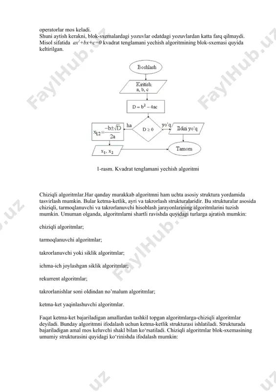 tanishamiz. 1.algoritmning so‘zlar orqali ifodalanishi. bu usulda ijrochi uchun beriladigan har bir ko‘rsatma jumlalar, so‘zlar orqali buyruq shaklida beriladi. 2. algoritmning formulalar bilan berilish usulidan matematika, fizika, kimyo kabi aniq fanlardagi formulalarni o‘rganishda foydalaniladi. bu usulni ba’zan analitik ifodalash deyiladi. 3. algoritmlarning grafik shaklida tasvirlanishida algoritmlar maxsus geometrik figuralar yordamida tasvirlanadi va bu grafik ko‘rinishi blok-sxema deyiladi. 4. algoritmning jadval ko‘rinishda berilishi. algoritmning bu tarzda tasvirlanishdan ham ko‘p foydalanamiz. masalan, maktabda qo‘llanib kelinayotgan to‘rt xonali matematik jadvallar yoki turli xil lotereyalar jadvallari. funksiyalarning grafiklarini chizishda ham algoritmlarning qiymatlari jadvali ko‘rinishlaridan foydalanamiz. bu kabi jadvallardan foydalanish algoritmlari sodda bo‘lgan tufayli ularni o‘zlashtirib olish oson. yuqorida ko‘rilgan algoritmlarning tasvirlash usullarining asosiy maqsadi, qo‘yilgan masalani yechish uchun zarur bo‘lgan amallar ketma-ketligining eng qulay holatinni aniqlash va shu bilan odam tomonidan programma yozishni yanada osonlashtirishdan iborat. aslida programma ham algoritmning boshqa bir ko‘rinishi bo‘lib, u insonning kompyuter bilan muloqotini qulayroq amalga oshirish uchun mo‘ljallangan. …