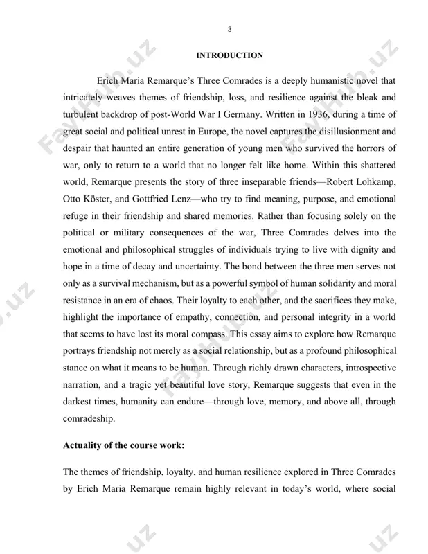 ontext of the novel · to analyze remarque’s humanistic message in “three comrades” methods of the research: historical-genetic method: three comrades was written in the 1930s, a time when germany was experiencing political and economic crisis after world war i. historical-functional method: the story is still meaningful because many people today face war, pain, and problems. hermeneutic analysis: robert is the main character. he feels lost after the war. the theoretical and practical value of the work: theoretically, this work contributes to the understanding of remarque’s humanistic philosophy and narrative techniques. practically, it helps readers and scholars appreciate the enduring significance of friendship and ethical values in literature and in real life, encouraging deeper reflection on human relationships in times of crisis. the structure of the work: this course paper consists of an introduction, two main chapters, conclusion, resume and a list of used literature. chapter i philosophical and literary …