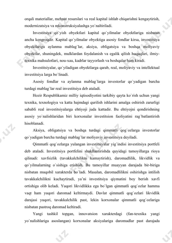 qimmatli qog`ozlar hamma vaqt ham yuqori daromad keltirmaydi. davlat qimmatli qog`ozlari likvidlik darajasi yuqori, tavakkalchilik past, lekin korxonalar qimmatli qog`ozlariga nisbatan pastroq daromad keltiradi. yangi tashkil topgan, innovatsion xarakterdagi (fan-texnika yangi yo`nalishlariga asoslangan) korxonalar aksiyalariga daromadlar past darajada kafolatlanadi, lekin kapitalning kelajakda o`sishi nuqtai-nazaridan ular istiqbolli hisoblanadi. yuqorida ko`rsatilgan barcha tamoyillarga muhim darajada rioya etilishiga erishilgan investitsion portfel muvozanatli portfel deyiladi. taniqli va ishonchli firmalarning qimmatli qog`ozlaridan shakllangan portfel, konservativ portfel bo`ladi. agressiv portfel likvidligi yuqori bo`lmagan, xatar darajasi kuchli, lekin kelajakda tez yuksalishi kutilayotgan kompaniyalar qimmatli qog`ozlaridan tashkil topadi. investitsion portfel o`z tarkibiga qisqa muddatli qimmatli qog`ozlarni ham, aksiyalar va obligatsiyalarni ham olishi mumkii. investitsion portfelni shakllantirish usullari ko`p. ulardan eng obro`lisi uilyam sharp va garri markovitslarning investitsion portfel nazariyasidir. bu nazariyaning qoidalari quyidagicha: investitsiyalar aktivlar turlari bo`yicha to`g`ri taqsimlanishi lozim; muayyan turdagi qimmatli qog`ozga investitsiya tavakkalchiligi foydaning kutilayotgan darajadan farqlanishi ehtimoli bilan belgilanadi; 3) investitsion portfelning umumiy daromadliligi …