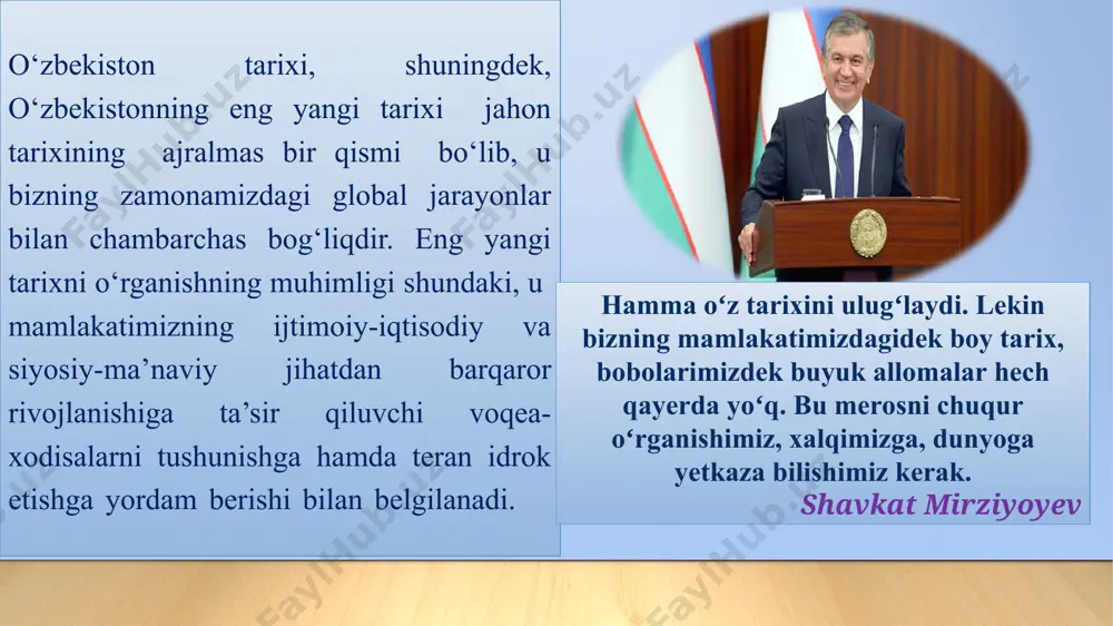 y tarixiy vaziyat 2016 yil va yangi o'zbekiston jamiyatini qurish yo'lidagi islohotlar 2017-2021 yillarda o'zbekiston respublikasini rivojlantirishning beshta ustuvor yo'nalishlari bo'yicha harakatlar strategiyasi fanni o’rganishning metodogik manbalari. birinch prezident i.karimov asarlari darslikalar, mutahasislar asarlari, ilmiy to’plamlar fanni o’rganishning nazariy-uslubiy asoslari. dialektik qiyoslash, analiz,sintez va boshqalar “o’zbekistonning eng yangi tarixi” o’quv faninig predmeti o'zbekistonning eng yangi tarixi to’g’risidagi bilimlar talabalarda mamlakatimizni mustaqillik davrida amalga oshirilgan keng ko’lamli islohotlar mohiyatini chuqur singdirish, mazkur jarayonlarning rivojlanish qonuniyatlari, sabab va oqibatlarini tahlil qilish hamda ularni ilmiy dunyoqarashini shakllantirish, ma'naviy-ma'rifiy tafakkurini yuksaltirish, ajdodlar an'analariga sadoqat, milliy o'zlikni anglash asosiy maqsad qilib belgilanadi. fanning predmetini – o’zbekistonda mustaqillikdan keyingi davrdagi ijtimoiy, iqtisodiy, ma’naviy-ma’rifiy hamda siyosiy sohalarda amalga oshirilgan islohotlar va ularning mamlakat taraqqiyotidagi ahamiyati tashkil etadi. “o’zbekistonning eng yangi tarixi” o’quv faninig ob’yekti fanining ob’ekti esa aniq tarixiy davr, makon, zamon va minraqaviy chegaralar, ma’lum bir xalq, millat, mamlakat tarixi bilan bog’liq bo’lib, shular doirasidagi voqea …