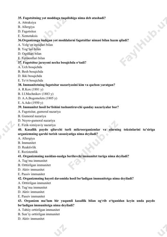 51. organizmning immunokompetent organlarida antigenlarga qarshi ishlab chiqariladigan va ular bilan reaksiyaga kirishadigan maxsus oqsil moddalarga nima deyiladi? a. antitelolar b. antigenlar d. allergenlar e. anofilaktogen 52 organizmning chetdan kirgan yot moddalarga nisbatan ortiqcha, o‘zgacha sezgir bo‘lishini keltirib chiqaradigan moddalarga nima deyiladi? a. antigenlar b. allergenlar d. antitelolar e. anofilaktogen 53. anafilaktik shokni hosil qila oladigan moddalarga nima deyiladi? a. antigenlar b. anofilaktogen d. allergenlar e. antitelolar 54. ayrim ozuqa moddalar va dori-darmonlarga nisbatan organizm sezuvchanligining ortib ketishiga nima deyiladi? a. idiosinkraziya b. autoallergik d. allergik kasallik e. autoallergik kasallik 55. organizmning muayyan yot moddalarga sezgirligining oshishi tufayli to‘satdan yuz beradigan va hurujlar holida o‘tadigan kasalligiga nima deyiladi? a. allergik kasalliklar b. irsiy kasalliklar d. tug‘ma kasalliklar e. yuqumli kasalliklar 56. hayvon qonida antigen-antitelo reaksiyalarini tezlashtiruvchi oqsil molekulalariga nima deyiladi? a. interferon b. antitelo d. antigen e. komplement 57. organizmning chetdan kirgan yot moddalarga nisbatan o‘zgacha ortiqcha sezgir bo‘lishiga nima …