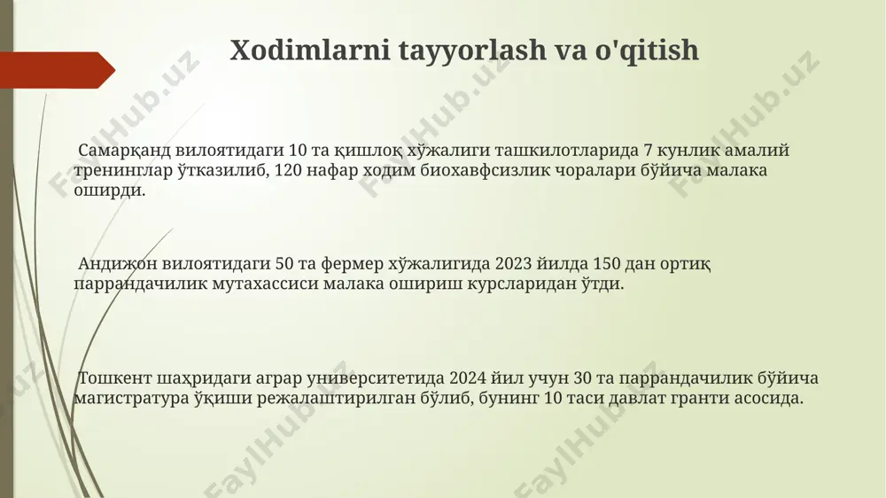 икасининг етарли эмаслигидир. тошкент вилоятидаги паррандачилик фермаларининг 30%ида ем базасининг етишмовчилиги кузатилди, бу эса маҳсулот таннархининг 15% га ошишига олиб келди. texnologiyalar va uskunalar андижондаги парранда фермасида ҳаво алмашинувининг оптимал даражасини таъминловчи 10 та вентиляция тизими ўрнатилган бўлиб, бу касалликларнинг олдини олишда ва қушларнинг ўсишида муҳим роль ўйнайди. навоий вилоятидаги паррандачилик фермасида 20000 та тухум учун инкубаторларнинг ишлаб чиқариш қуввати йилига 1 миллион тухумга етади ва бу юқори технологияли "petersime" инкубаторлари орқали амалга оширилади. товуқ фермасидаги 5000 бош сиғимли замонавий қушхоналарда автоматик озуқа тарқатиш тизими германиядан келтирилган "big dutchman" компаниясининг технологиялари асосида ўрнатилган бўлиб, бу самарадорликни 15% га оширди. kelajakdagi rejalar va istiqbollar 2024-yilga kelib, samarqand viloyatida parranda goʻshti yetishtirish hajmini 15% ga oshirish va 5 ta zamonaviy parranda fermalarini ishga tushirish rejalashtirilmoqda. navoiy viloyatida 10000 bosh sigʻimli yangi parranda majmuasini qurish orqali 2026-yilda ishlab chiqarish quvvatlarini ikki barobarga oshirish va ish oʻrinlarini 100 ta ga koʻpaytirish koʻzda tutilgan. qashqadaryo …