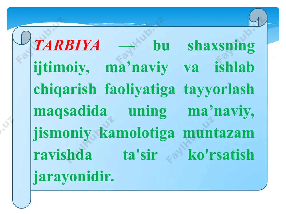 lari kiradi. shaxs shakllanishida u yashayotgan muhit, kishilar, jamiyatning roli juda kattadir. birinchidan, ijtimoiy muhitdagi turli hodisalar odamning ongiga bevosita ta’sir qilib, unda chuqur iz qoldiradi. ikkinchidan, tashqi ijtimoiy muhit ta’sirining chuqurroq va mustahkamroq bo‘lishiga odamning o‘zi yordam beradi. masalan, hindistonlik doktor sing kalkutta yaqinidagi o'rmonzorda bo‘ri bolalari bilan birga ikkita odam bolasining ham to‘rt oyoqlab yugurib yurganini ko‘rib qoladi. keyin ularni poylab, qarorgohlarini topib, bolalarni olib ketadi. ulardan biriga amala, ikkinchisiga kamala deb nom qo‘yadi. shu narsa xarakterliki, bolalar yoshlikdan bo'rilar muhitiga tushib qolganliklari tufayli, fe’l-atvorlari, xatti-harakatlari jihatidan bo‘rilardan farq qilmas edilar. shuni aytib o‘tish kerakki, bola shaxsining tarkib topishiga ta’lim-tarbiyaning ta’siri deganda, albatta, birinchi navbatda tarbiya muassasalarida, ya’ni bog‘cha, maktab, intemat, litsey va kollejlarda beriladigan ta’lim-tarbiya tushuniladi. biroq, bundan oilada bolaga beriladigan tarbiyadan ustun bo’la olmaydi. hozirgi kunda tez-tez akseleratsiya terminini ishlatayapmiz. xo‘sh akseleratsiya bu nima? akseleratsiya «tezlatish» degan ma’noni anglatadi. hozirgi kunda bolalarni ham jismoniy, ham ruhiy …