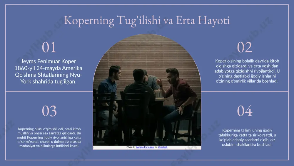 r bilan ajralib turadi. u inson tabiatini, vaqt va makon o'zgarishlarini o'ziga xos uslubda yoritadi. koper asarlari o'quvchilarda chuqur fikrlar va hissiyotlar uyg'otadi. ularning ta'siri o'quvchilarning hayotiy tajribalari bilan bog'liq bo'lib, ko'plab fikrlar va muloqotlarga sabab bo'ladi. photo by ashkan forouzani on unsplash 01 03 02 04 izquvar romanining tahlili "izquvar" romani jeyms fenimuar koperning eng muhim asarlaridan biri bo'lib, unda insoniyat, qiyinchiliklar va umid temalari yoritilgan. bu asar zamonaviy hayotning murakkabliklarini va inson ruhining kuchini ko'rsatadi. roman, shuningdek, koperning o'ziga xos uslubida, qahramonlarning ichki kurashlari orqali hayotiy saboqlarni taqdim etadi. romaning asosiy mavzusi - insonning o'zligini topish va jamiyatdagi o'z o'rnini anglash jarayoni. koper, o'z qahramonlari orqali, har bir insonning ichki kurashlarini va hayotda qanday qilib o'z yo'lini topishini tasvirlaydi. asar qahramonlari, masalan, asad va layla, o'zaro munosabatlari orqali, ijtimoiy muammolarni hal etishda qanday muhim rol o'ynashlarini ko'rsatadi. izquvarning tarixi va konteksti "izquvar" romani 1897-yilda yozilgan bo'lib, bu asar …