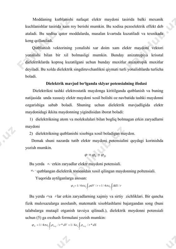ikni mavjudligi erkin zaryadlar bilan bir qatorda boglangan zaryadlarni xam mavjudligini nazarda tutish orqali tola xisobga olinadi. shuning uchun dielektirikdagi elektr maydonini boglangan zaryadlarini etiborga olgan xolda vakuumdagi maydonni xarakterlaydigan tenglamalar orqali tavsiflanishi mumkin. masalan maksvellni iv tenglamasi, dielektrik mavjudligida quydagicha yozilishi kerak: ni nazarda tutsak boladi. oxirgi ifodani ko’rinishda yozish qulay. boshqa tomondan elektr mayloni induktsiyasi d uchun maksvellning divdqρ tenglamasi bizga malum. shuning uchun oxirgi ikkala tenglamaga kora. munosabatlarni etiborga olib ni olamiz bundan ekanligi kelib chiqadi. ε>ε0 shart doim bajarilgani uchun χ doim musbat. magnitostatik maydon tenglamalari va umumiy xossalari magnitostatika vaqtga bogliq bolmagan magnit maydonlarini organadi. bunday maydonlar doimiy magnitlar tomonidan xosil qilinadi. elektromagnit maydonlarni vaqtga bogliq bolmagan xolda organishda yuqorida aytilgandek elektr va magnit maydonlarini aloxida-aloxida qarash mumkin. magnitostatik maydonlar soxasi quydagi shartlar bilan xarakterlanadi: a) barcha kattaliklarni vaqtga bogliq emasligi doimiy toklarning mavjudligi shu shartlarni orinli bolishi tufayli maksvell tenglamalari va chegaraviy shartlar magnitostatik …