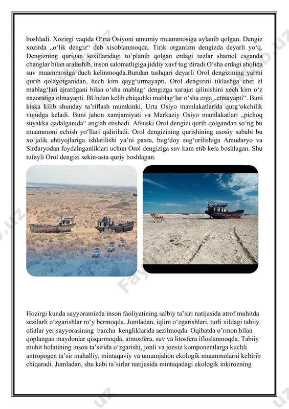 av sirdaryo qirgʻoklarini pasayish natijasida daryolarning kuyi qismida suv toshqinlarini aqmaytirib yuboradi. bu oʻz navbatida toʻqay oʻsimliklari maydonlarini qisqarishiga, ilgari gumusga boy boʻlgan utloki — botqoqli tuproqlar unumsiz utlok takir choʻl, kumli tuproqlarga aylanishga olib keladi. sutemizuvchi hayvonlar qushlar kamayib ketdi. kurigan maydonlar aholi uchun xavfli kasalliklarni tarkatuvchi kemiruvchilar bilan tulib bormoqda. orol boʻyining sanitar — epidemiologik ahvoli nixoyatda ogir aholi markaz-lashtirilgan suv bilan taʼminlash 29- 67 % ni tashkil etadi. aholini yarmi ifloslangan ochiqsuv havzalaridan foydalaniladi. orol dengizini saqlab qolish mumkinmi? orol muammosini asosi uni dengiz sifatida saqlab qolish tashkil etadi.shuni taʼkidlash lozimki orol oʻz tarixi davomida ilmiy maʼlumotlarga karaganda koʻp marta oʻz shaklini oʻzgartirganini va koʻrib qolgani maʼlum. orol dengizining dastlabki absolyut balandligini tiklash uchun ming kub km dan ortiq suv kerak boʻladi. o dyen orol dengizi muammosi xam diqqatga sazovordir.orol dengizi 80-yillarda ayniqsa quriy boshladi. xozirgi vaqtda oʻrta osiyoni umumiy muammosiga aylanib qolgan. dengiz xozirda „oʻlik dengiz“ …