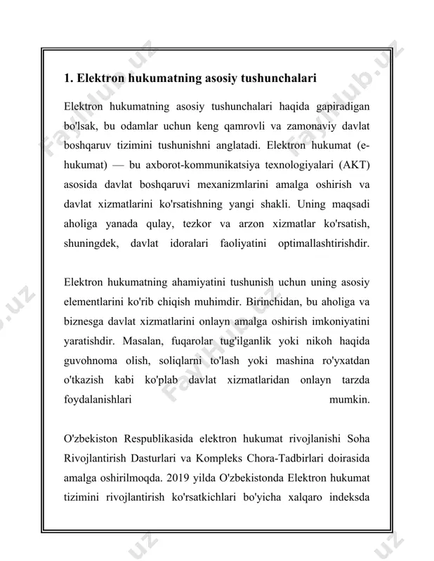 ida kiberxavfsizlik choralarini naqadar kuchaytirganlarini ko'rsatmoqda. umuman olganda, elektron hukumat zamonaviy axborot texnologiyalari yordamida boshqaruv jarayonlarini takomillashtiradi va amalga oshirishda yangi imkoniyatlar yaratadi. bu esa kichikroq davlat xizmatchilari shtatidan foydalanish, davlat xizmatlari ko'rsatishda tezkorlik va shaffoflikni oshirish imkonini beradi. o'zbekistonda elektron hukumat rivojlanishi hamda unga qo'yilayotgan e'tibor kelajakda ushbu sohaning yanada rivojlanishiga qarab amalga oshirilib kelmoqda. 2. elektron xizmatlar tizimi afsuski, sizning talabingizga aniq javob berish uchun men ba'zi bir keng loyihalar orqali ma'lumot to'plashim mumkin. 2. elektron xizmatlar tizimi bo'yicha batafsil ma'lumotlarni to'plash uchun quyidagi umumiy nuqtalarni keltiraman: elektron xizmatlar tizimi bugungi kunda o'zbekistonda jadal rivojlanmoqda va u davlat organlari tomonidan ko'rsatiladigan xizmatlarning sifati va samaradorligini oshirishga qaratilgan. ushbu tizim elektron hukumatning bir qismi sifatida fuqarolarga davlat xizmatlariga tez va qulay tarzda kirish imkonini beradi. elektron xizmatlar tizimi orqali ko'plab xizmatlar raqamli shaklda taqdim etiladi va ularning asosiy maqsadi vaqt va resurslarni tejashdan iborat. o'zbekistonda elektron xizmatlar tizimi 2015-yildan …