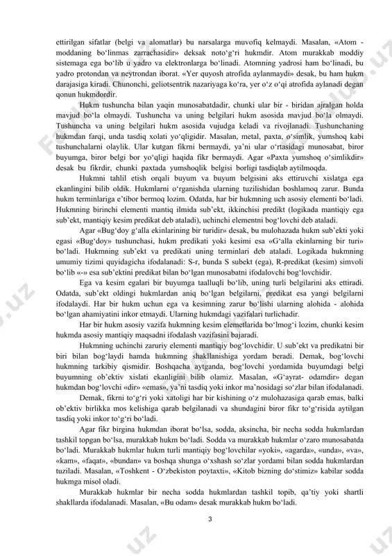 to‘g‘risida ommaviy axborot vositalarida xabar berilmoqda, lekin mazkur hodisani tekshirib ko‘rishning iloji yo‘qligidan, ularni haqiqiy isbotlangan hodisalar sirasiga qo‘shib bo‘lmaydi. demak, hukmda in’ikos etadigan buyumlar to‘g‘risidagi bilimlar fanda aniqlangan bulishi zarur. shundagina muayyan bilimlardan oldin fan va amaliyotda ma’lum bo‘lmagan xulosalar kelib chiqishi mumkin. hukm o‘zbek mantiqiy adabiyotida ba’zan muhokama deb ham yuritiladi. hukm va muhokamani biz ham muqobil tushunchalar kabi qo‘llaymiz. hukm - tushunchalar orasidagi belgiga, munosabatga, mavjudlikka oid jihatlarning chin yoki yolg‘onligini tasdiq yohud inkor shaklida ifoda etadigan tafakkur shaklidir. hukm tafakkur shakli bo‘lsa-da, uni so‘z birikmasi orqaligina ifodalash mumkin. shu bois hukm va gap bir -biri bilan bog‘liqdir. hukm - grammatik qurilma hisoblangan gapda namoyon bo‘lsa, gap esa mazmuniga ko‘ra muayyan fikrlardan iboratdir. ma’lumki, gaplar darak, so‘roq, buyruq. va undov gaplarga bo‘linadi. mazkur gaplarning atigi bittasi - darak gapgina tugal fikrni ifodalab, hukmga muvofiq keladigan fikrni anglatadi. so‘roq buyruq va undov gaplarda mukammal bog‘lanishli tugal fikrlar ifoda …