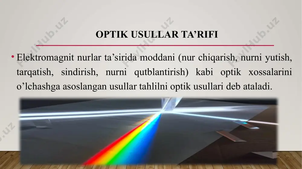 birikmaga o ’tkazish (aylantirish) 2) olingan birikma eritmasi tomonidan yutilgan elektromagnit nurlar intensivligini o’lchashdan iborat bo’ladi eritmalari spektri eritmalari spektrning ultrabinafsha, ko’rinuvchi va yaqin infraqizil qism larini yutishi mumkin bo’lgan birikmalar olish ushun zarur bo’lgan kimyoviy reaktsiyalar ba’zi ionlar ushun ishlab shiqilmagan. shuning ushun ham , fotometrik usullar m oddani bevosita (to ’g ’ridan-to’g ’ri) va bilvosita aniqlashga bo’linadi yoki boshqacha qilib aytganda, fotom etrik aniqlash usullari ush xil reaksiyaga asoslangan. 1. x + r xr (bevosita usul) bu erda x - aniqlanayotgan ion, r - xr birikmani elektromagnit nur yutishini ta’minlaydigan kimyoviy m odda, xr - elektromagnit num i yutuvshi birikm a. 2. m r + y xr (bilvosita usul) x - aniqlanayotgan ion, xr - erimaydigan birikma standart va aniqlanayotgan modda eritilgan eritmalarni optik zishlik larini taqqoslash usuli. tadqiq qilinayotgan eritmaning m a’lum bir qismini pipetka yordamida olamiz. u nda kimyoviy reaksiyalar o’tkazib, elektrom agnit to’lqinlar energiyasini yutuvshi …