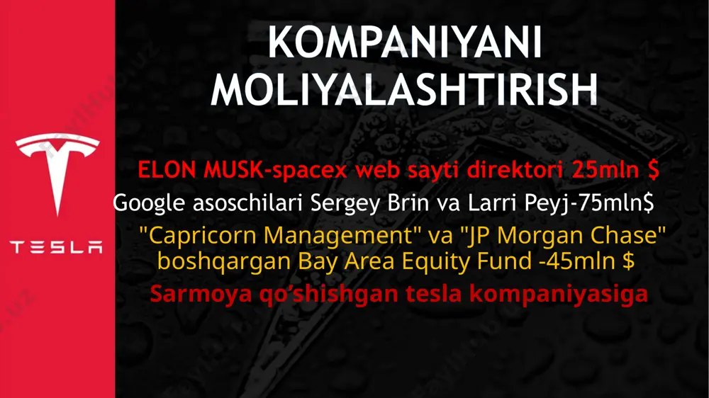 z qoldirdi, bu pandemiya boshlanganda haqiqatan ham aql bovar qilmaydigan bo‘lib tuyuldi. "ushbu maqsadga erishish qiyinlashib borayotgan bo‘lsa-da, 2020 yilda yarim million avtoulovni yetkazib berish bizning maqsadimiz bo‘lib qolmoqda", - dedi kompaniya. mask shuningdek, kompaniya kelgusi yilda xaridorlarga 840 mingdan milliongacha elektr transport vositalarini yetkazib berishga yaqinligini ta’kidladi. find more powerpoint templates on prezentr.com! find more powerpoint templates on prezentr.com! xodimlarning soni 45,000 dan ortiq odamni tashkil qiladi (2018) tesla.com sayti find more powerpoint templates on prezentr.com! image3.jpg image4.jpeg image5.jpg image6.jpeg image7.jpg image8.png image9.png image10.jpeg image11.jpeg image12.jpeg image13.jpeg image14.jpeg image15.jpg image16.jpg image17.jpeg image18.png image19.jpg image1.png image2.png /docprops/thumbnail.jpeg