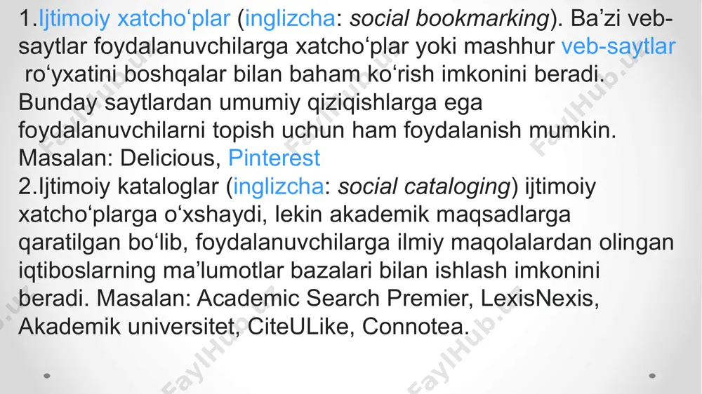 iz-u bizga ma’lumki, internet jurnalistika masalasida barcha ma’lumot ham, afsuski, to’g’ri bo’lib bugungi kunda odamlar, asosan, yoshlar feysbuk, telegram, odnoklassiki, instagram, tvitter, vkontakte kabi ijtimoiy tarmoqlardan foydalanmoqdalar. bularning ichida feysbuk, telegram, tvitter va instagram juda ommalashdi. aslida ijtimoiy tarmoqlar ilk bor 1995 yilda paydo bo‘lgan. rendi konrad ismli shaxs classmates.com saytini ishga tushiradi. dunyoning turli burchaklarida ta’lim olayotgan yoshlar bir-biri bilan tanishishi, do‘stlar o‘zaro bir-birini topib, hol-ahvol so‘rab turishlari uchun mazkur sayt tashkil etilgan edi. bu sayt o‘sha paytda talabalar, yoshlar tomonidan qiziqish bilan kutib olingan. bugungi kunga kelib ijtimoiy tarmoqlar bilan bir qatorda ulardan foydalanuvchilar soni ham ko‘paydi. bugungi kunda saytlarga kiruvchi, internetdan foydalanuvchilarning uchdan ikki qismi mazkur tarmoqlardan foydalanadi. albatta, bu tarmoqlarning foydali va zararli tomonlari bor. quyida shularni keltirib o‘tamiz. foydalari ijtimoiy tarmoqlar ma’lumot olishning eng oson va qulay manbaidir. u jurnalistlarga ko‘p yordam beradi. 2 talabalarga, tadqiqotchilarga va boshqa qiziquvchilarga ham ko‘p yordami tegyapti. o‘zlariga kerakli …