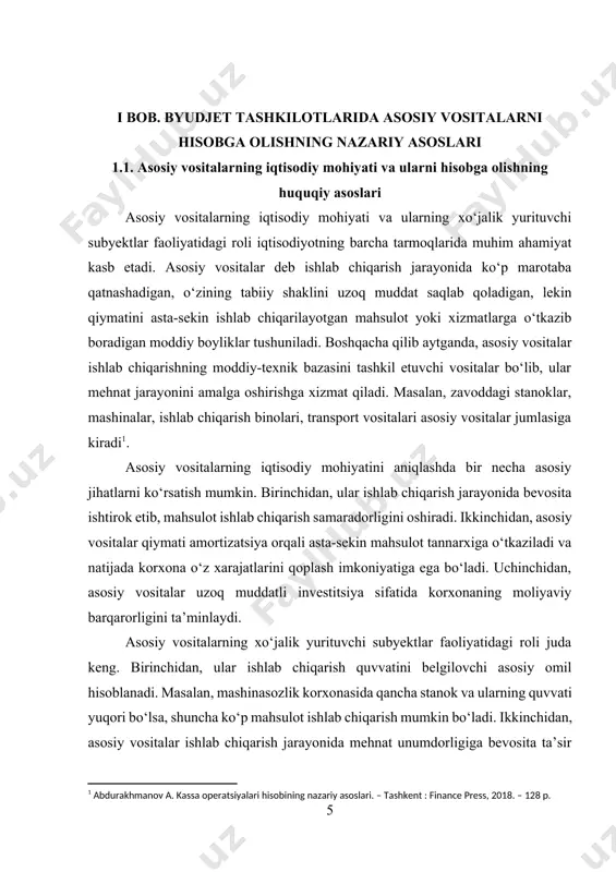 dagi raqobatbardoshligini oshiradi. masalan, yangi texnologiyalarga asoslangan ishlab chiqarish liniyasi mahsulot sifati va tannarxini yaxshilaydi, bu esa bozorda ustunlikni ta’minlaydi. asosiy vositalar korxonaning moliyaviy natijalarida ham muhim o‘rin tutadi. amortizatsiya hisoblash orqali korxonada amortizatsiya jamg‘armasi shakllanadi va bu mablag‘lar qayta investitsiya qilish, yangi texnologiyalar xarid qilish yoki mavjud vositalarni modernizatsiya qilish uchun ishlatiladi. misol uchun, agar korxona 1 000 000 so‘mlik asosiy vositaga ega bo‘lib, uning foydali xizmat muddati 10 yil bo‘lsa, har yili 100 000 so‘m amortizatsiya ajratiladi. bu mablag‘ korxona uchun yangi vositalar xarid qilish yoki eskirganlarini yangilash imkoniyatini beradi. asosiy vositalarning iqtisodiy mohiyatini yanada chuqurroq tushunish uchun ularning tasnifini ko‘rib chiqish mumkin. ular ishlab chiqarish vositalariga va ishlab chiqarish bilan bog‘liq bo‘lmagan vositalarga bo‘linadi. ishlab chiqarish vositalariga binolar, inshootlar, mashina va uskunalar kirsa, ishlab chiqarish bilan bog‘liq bo‘lmagan vositalarga ijtimoiy-maishiy xizmat ko‘rsatish uchun mo‘ljallangan binolar, madaniy obyektlar va turar joylar kiradi. shuningdek, asosiy vositalar ularning foydalanish muddati …