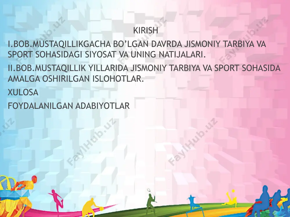 0 o‘zbekiston fuqarolari sport klublariga a’zo bo‘lganlar. sssr tarkibiga kiruvchi barcha respublikalarda urushdan keyingi dastlabki o‘n yilliklarda vayron bo‘lgan xo‘jaliklarni tiklash bilan birga jismoniy tarbiya va sport sohasida xdm muayyan burilishlar yuz berdi.1948 yilda o‘zbekiston ssr ministrlar soveti “o‘zbekiston ssrda jismoniy tarbiya va sport ishlarini yaxshilash to‘g‘risida” maxsus qaror qabul qildi. bu jarayonga sovet ittifoqida 1930 yilda tashkil etilgan jismoniy tarbiya va sport komiteti mas’ul edi. xx asrning 50-yillarida o‘zbekistonda g‘arb uslubida sport o‘yinlari tashkil etilib, o‘rta osiyo sportchilari xalqaro miqyosdagi olimpiadada ishtirok etib, 1952 yilda o‘zbekiston olimpiya oltin medalini ko‘lga kiritdi. o‘zbekistonda mahalliy millat vakillaridan ayrim sport ustalari jahon sport sahnasiga chiqishga muvaffaq bo‘ldilar. bunda o‘zbekiston kommunistik partiyasi markaziy qo‘mitasining birinchi kotibi sifatida faoliyat olib borgan sh.r.rashidovning aloqida xizmatlari borligini ta’kidlab o‘tish zarur. ma’lumki, “qayta qurish ” davridagi xalqaro sport aloqalari (1980-1990) o‘zining o‘ta murakkabligi bilan ajralib turadi. birinchidan, 80-90 yillarda ikki qarama-qarshi tizim o‘rtasidagi g‘oyaviy kurashning keskinlashib borishi …