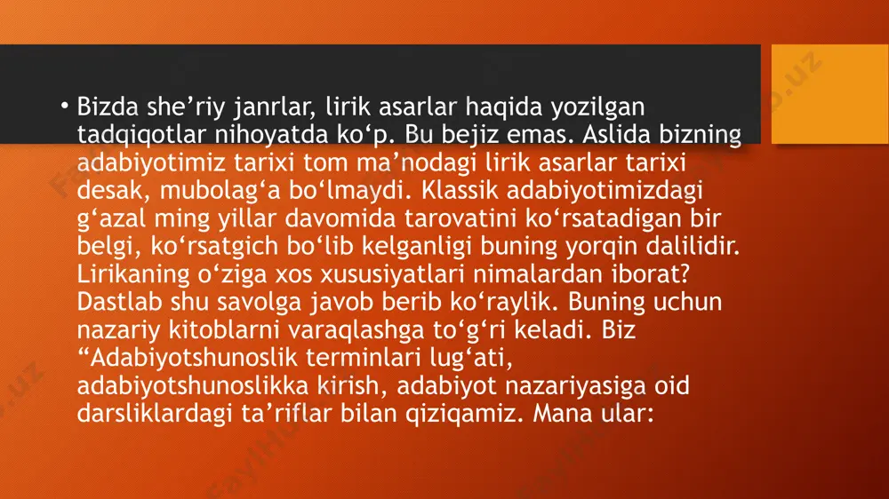 on ruhiy kechinmalarining asosi, ularga turtki beradigan omil sifatidagina ahamiyatlidir”. “adabiyotshunoslikka kirish” da: “lirik turga kiruvchi asarlar odatda kichik hajmli bo‘lishiga qaramay, turmishni badiiy, obrazli aks ettirishning barcha xususiyat va belgilariga ega. lirik abu nasr forobiy she’riyatning o‘ziga xosligi haqida mulohaza yuritar ekan, jumladan, shunday deydi: “…isbotda ilm, tortishuvda ikkilanish, ritorikada ishontirish qanchalik ahamiyatli bo‘lsa, she’riyatda ham xayol va tasavvur shunchalik zarur bo‘ladi. ba’zida inson fe’li ko‘proq xayol surishga bog‘liq bo‘ladi. bu shundayki, inson bir narsani boshqa biror narsada bor, deb tasavvur qiladi. buning natijasida u narsalarning borligini xis va isbot tasdiqlagandagina uning o‘sha narsada borligiga ishonib, o‘shanday qilish mumkun. hatto bu ishda borligi yolg‘on bo‘lib, faqat xayol qilingan taqdirda ham, bu harakat – fe’lni amalga oshiradi”. abdulla oripovning “ chorlash” she’ridan: do‘sti g‘arib, kel, qo‘lingni tut, yuragingda yog‘ay alanga. kel, bir zumga dunyoni unut, ko‘tarayin seni balandga. ko‘rinib turibdiki, nutq muallifi – lirik qahramon. “do‘sti g‘arib” ga hamdardlik tuyg‘usi …