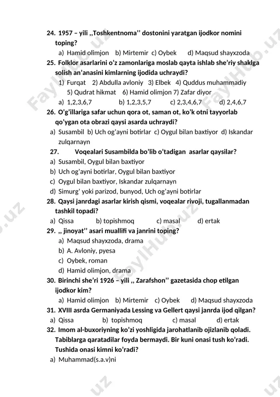 arda c) yangi topishmoqlarda b) an’anaviy topishmoqlarda d) majoziy topishmoqlarda 36. m. sholoxovning ,,tinch oqar don’’ asarini kim o’zbek tiliga tarjima qilgan? a) hamid olimjon b) mirkarim osim c) oybek d) maqsud shayxzoda 37. ,,muqanna’’ asari janri muallifi va janrini toping? a) maqsud shayxzoda, drama b) a. avloniy, pyesa c) oybek, roman d) hamid olimjon, drama 38. o’zbek adabiyoti masalchiligi rivojiga ulkan hissa qo’shgan asarni toping? a) bo’ri bilan qo’zichoq c) mahbub ul-qulub b) zarbulmasal d) tanobchilar 39. ,,to’y’’ asari muallifi va janrini toping? a) qodiriy, hikoya b) qodiriy, she’r c) oybek, she’r d) g’afur g’ulom, doston 40. dastlabki ,,yangi ariq’’ nomli qissasi 1925-yili yaratilgan, ammo vaqtida e’lon qilinmagan ijodkor kim? a) hamid olimjon b) mirkarim osim c) oybek d) maqsud shayxzoda 41. ,, uloqda’’ hikoyasida turg’unga: ,,saning otingga hech ot bolasi yetmaydi’’ –deb kim havaslanadi? a) haydar b) shokir c) nurxon d) to’g’on 42. 1943-yili fanlar akdemiyasiga a’zo etib …
