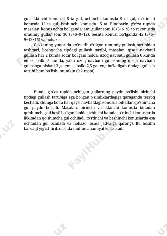 nisbati 3 ga emas, balki 2,5 ga teng bo’ladigan tipdagi gullash tartibi ham bo’lishi mumkin (9.2-rasm). bunda g’o’za tupida ochilgan gullarning paydo bo’lishi birinchi tipdagi gullash tartibiga ega bo’lgan o’simliklardagiga qaraganda tezroq kechadi. shunga ko’ra har qaysi navbatdagi konusda bittadan qo’shimcha gul paydo bo’ladi. masalan, birinchi va ikkinchi konusda bittadan qo’shimcha gul hosil bo’lgani holda uchinchi hamda to’rtinchi konuslarda ikkitadan qo’shimcha gul ochiladi, to’rtinchi va beshinchi konuslarda esa uchtadan gul ochiladi va hokazo (osma jadvalga qarang). bu hosilni barvaqt yig’ishtirib olishda muhim ahamiyat kasb etadi. simpodial shoxi cheklangan «nol» tipidagi g’o’za tuplarida gullash tartibi birmuncha boshqacharoq bo’ladi (9.3 -rasm). ularda uzoq navbatli gullash bo’lmaydi, shunga ko’ra, yuqorida keltirilgan konuslar ham hosil bo’lmaydi. bu xildagi g’o’za tuplarida yuqoriga qarab qisqa navbatli gullash (har 2-3 kunda) boradi, bo’g’imlardagi navbatdagi gullar ham xuddi yuqoridagidek har 2-3 kundan keyin ochiladi, shunga ularning o’zaro nisbati 1:1 bo’ladi. 3. amaliy topshiriqlar: · talaba mashg’ulot matnini o’qib, …