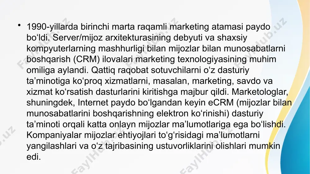 jozlarning maʼlumotlari: yaxshi ishlab chiqilgan smm (ijtimoiy tarmoq marlketing) rejasi biznesni rivojlantirish uchun tadbirkorlarga ajoyib imkoniyatni ochib beradi, mijozlar maʼlumoti. bu yuqoridagi auditoriya yig‘ish tamoyiliga uzil-kesil bog‘liq bo‘lib, smm bu qimmatli maʼlumotlarni bozor iqtisodiyoti tahliliga aylantirishlari mumkin, bu maʼlumotlarga mizozlarning yashash hududi, yoshi, jinsi kabilar kiradi. ijtimoiy tarmoq marketingi – smmning afzalliklari: smm xizmatini joriy etish orqali biznes egalariga ko‘plab imtizyozlar taqdim etiladi. quyida ulardan baʼzilarini sanab o‘tamiz: brendni rivojlantirish: agar smmdan to‘g‘ri foydalanilsa, u brend uchun ijobiy taʼsir ko‘rsatadi. xodimlaringiz ijtimoiy tarmoqqa joylayotgan mahsulotlar va xizmatlar mijozlarda sizning brendingizga bo‘lgan ishonchini ortishiga hissa qo‘shishi mumkin. shuningdek, ko‘rishlar, yoqtirishlar («layk»), ulashishlar kabilar brendingizni ko‘proq odamga yetib borishiga xizmat qiladi. mijozlarni jalb qilish: ijtimoiy tarmoq marketingi (smm) nafaqat brendni rivojlantirish uchun yaxshi usul, balki mijozlarni biznesga jalb qilish, ular yozayotgan izoh va so‘rovlarga javob berish, mijozlarning tanqidlari va noroziliklarini qabul qilish va bu orqali biznesdagi kamchiliklarini bartaraf etish imkonini ham beradi. …