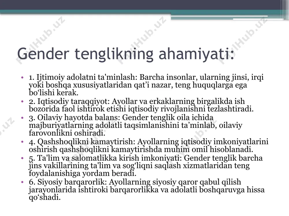 tlari: gender tengsizlikni kuchaytiradi. ayollar yoki erkaklarning qobiliyatlarini to‘liq amalga oshirishiga to‘sqinlik qiladi. bilvosita kamsitish bilvosita kamsitish – bu qoidalar, siyosat yoki amaliyot jinsiy jihatdan neytral ko‘ringan bo‘lsa-da, amalda bir jins vakillariga noqulaylik tug‘dirishi yoki ularni kamsitishga olib kelishi. misollar: ish joyida barcha xodimlardan kechki soatlarda qolib ishlashni talab qilish – bu bolalari bilan shug‘ullanish kerak bo‘lgan ayollarni noqulay ahvolga solishi mumkin. boshqaruv lavozimlariga ko‘tarilish uchun uzoq yillik ish tajribasi talab qilish – bu ko‘p hollarda bolalarni parvarishlash uchun tanaffus qilgan ayollar uchun cheklov bo‘lishi mumkin. faqat erkaklar ustun bo‘lgan sohalarda ayollarga o‘rin ajratmaslik. bilvosita kamsitishning oqibatlari: gender tenglikka ko‘rinmas ravishda putur yetkazadi. ijtimoiy va iqtisodiy barqarorlikni pasaytiradi. jamiyatda ayollar yoki erkaklar orasida nohaqlik hissini kuchaytiradi. bevosita va bilvosita kamsitishga qarshi kurashish yo‘llari 1. huquqiy chora-tadbirlar: gender kamsitishni taqiqlovchi qonunlarni qabul qilish va ularning ijrosini ta'minlash. 2. xabardorlikni oshirish: jamiyatda gender tenglik haqida bilim va tushunchalarni kengaytirish. 3. ish joyida …