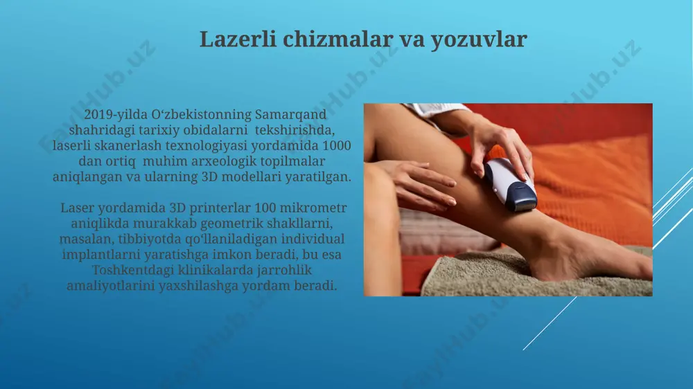 alikda ishlatiladi, masalan, teri saratoni davolashda samarali. laserlar ko'z jarrohligida, masalan, katarakta operatsiyalarida keng qo'llaniladi va dunyo bo'ylab yiliga 20 milliondan ortiq bunday operatsiya o'tkaziladi, natijada bemorlarning ko'rish qobiliyati sezilarli darajada yaxshilanadi. lazerli metrologiya 200 mm gacha bo'lgan o'lchamlarni yuqori aniqlikda o'lchash uchun interferometrik lazer usullari samarkanddagi optik-mexanika ilmiy-tadqiqot institutida ishlab chiqilgan. laserli metrologiya yordamida 10 mikrometr aniqlikdagi masofalarni o'lchash mumkin bo'lib, bu toshkentdagi aniq mexanika zavodlarida keng qo'llaniladi. lazerlarning aloqa tizimlaridagi qo'llanilishi lazerlar optik tolali aloqa tizimlarida 10 gbit/s va undan yuqori tezliklarda ma'lumot uzatishda qo'llaniladi, bu esa masalan, toshkent shahri bo'ylab keng polosali internetni ta'minlashda muhim rol o'ynaydi. dunyoning turli burchaklarida, jumladan, aqshning kaliforniya shtatida va yaponiyaning tokio shahrida, lazerli aloqa texnologiyalari yordamida 100 dan ortiq sun'iy yo'ldoshlarni uzluksiz monitoring qilish tizimlari ishlab chiqilgan. golgrafiya va lazerli yoritish голографияда лазерларнинг юқори монохроматиклиги ва когерентлиги туфайли 632.8 нм тўлқин узунлигига эга гелий-неон лазерларидан тошкентдаги фан марказларида кенг фойдаланилади. лазерли …