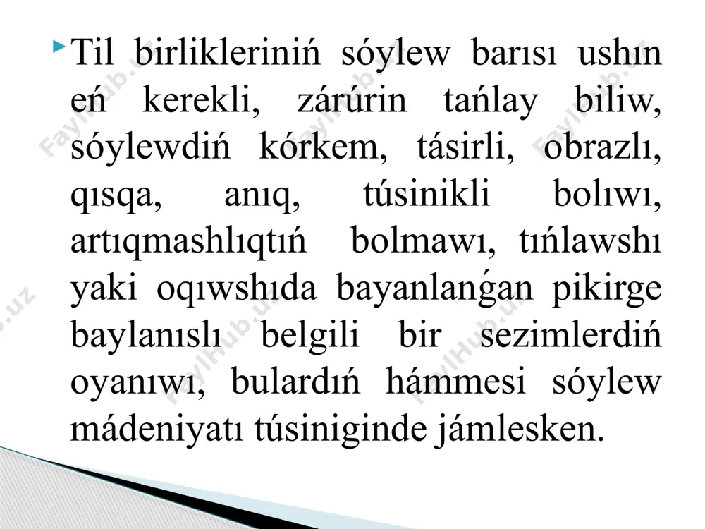 lıq tarawları menen tıǵız baylanıslı. sóylew mádeniyatı pániniń tiykarǵı tayanıshı házirgi qaraqalpaq ádebiy tilinin grammatikası. sebebi sóylewdiń durıslıǵı onıń tiykargı sapalıq belgisi bolıp, ol grammatikalıq normalarǵa tiykarlanadı. sóylew mádeniyatı páni leksikologiya menen tıǵız baylanısqan. sebebi sóylewdiń qarım-qatnas belgisi esaplanǵan anıqlıq, durıslıǵın sózdiń leksikalıq mánilerin anıq bilmey turıp túsinip bolmaydı. sonıń logikalılıǵı sóz mánileriniń mánilik hám mazmunı jaǵınan baylanıslılıǵına tiykarlanadı. sóylewshi sóziniń tazalıǵı, kórkemligi, orınlılıǵı sıyaqlı qarım-qatnaslıq belgileri de sóylew mádeniyatı pánin leksikologiya menen baylanıstıradı. sóylew mádeniyatı hámme waqıt logika, estetika hám psixologiyaga súyenedi. logikanı bilmey turıp anıqlıq hám logikaǵa sáykeslikti támiyinlew hám bahalaw múmkin emes. sózlerdiń, pútin bir gápten shıǵatuǵın túsiniklerdiń mánisin hám bayanlanıp atırǵan pikirdiń arasındaǵı qatnastı logika tekseredi. logika sózler, sóz dizbekleri, gápler arasındaǵı mánilik baylanıstı támiyinleydi. milliy ǵárezsizlik ideyasının bir bólegi bolǵan mámleketlik til siyasatı hám oǵan tiyisli bolǵan huquqıy hújjetler sóylew mádeniyatınıń tiykarǵı qurallarınan esaplanadı. sóylew mádeniyatı sheshenlik ónerine tiyisli shıǵarmalar, qaraqalpaq mádeniy tiline tiykar salǵan …