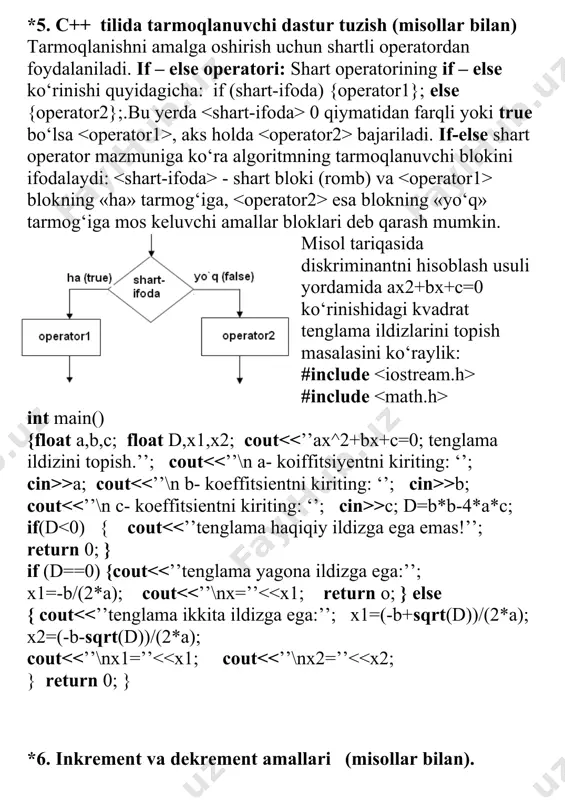 ltirilgan jadvalda c++ tilida o‘zgaruvchilarga qiymat kiritish tasvirlangan. cin>>s1>>s2; cin>>x1>>x2>>x3>>”\n”; cin>>”\n”; bu yerda birinchi operator sl va s2 o‘zgaruvchilar qiymatini klaviaturadan kiritadi. ikkinchi operator esa xl, x2, x3 o‘zgaruvchilar qiymatini klaviauradan qabul qiladi va kiritishni keyingi qatorga o‘tkazadi. oxirgi operator esa kiritishni kutadi va kursorni navbatdagi qatorga o‘tkazadi. *18. algoritmlarning berilish usullari ( misollar bilan). algoritm qaysi ijrochiga mo’ljallab tuzilayotganligiga qarab quyidagi shakllardan birida ifodalanishi mumkin: 1. matn shakli. 2. blok-sxema shakli. 3. dastur shakli. algoritmning matn shaklida berilishiga, tavsiflanishiga misol tariqasida liftda kerakli qavatga ko'tarilish algoritmini keltirish mumkin. bu quyidagicha ketma-ketlikda bajariladi: 1. liftga kiring. 2. kerakli-qavat tartib soniga mos tugmachani bosing. 3. liftni harakatga keltiring. 4. lift to'xtashini kuting. 5. lift eshigi ochilgandan keyin undan chiqing. berilgan ikkita a va b sonlardan kattasini topish algoritmini so'zlar va blok-sxema yordamida tuzish. *19. algoritm turlari. chiziqli algoritmlar. ( misollar bilan). algoritmning quyidagi 4 ta turidan foydalanamiz. 1.chiziqlili algoritmlar 2. tarmoqlanuvchi …