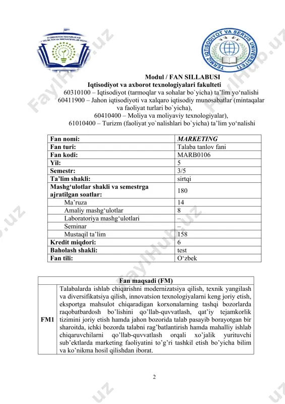 yib borayotgan bir sharoitda, ichki bozorda talabni rag’batlantirish hamda mahalliy ishlab chiqaruvchilarni qo’llab-quvvatlash orqali xo’jalik yurituvchi sub’ektlarda marketing faoliyatini to’g’ri tashkil etish bo’yicha bilim va ko’nikma hosil qilishdan iborat. fanni o‘zlashtirish uchun zarur boshlang‘ich bilimlar 1. iqtisodiyot nazariyasi 2. iqtisodiy ta’limotlar tarixi 3. statistika 4. menejment ta’lim natijalari (tn) bilimlar jixatidan: tn1 marketingning ijtimoiy-iqtisodiy asoslari, konsepsiyasi, funksiyalari, vazifalari va tamoyillari haqida bilimga эga bo‘lishlari kerak; tn2 korxonalar marketing tadqiqotlari va axborot tizimi; marketing kompleksi, marketing faoliyatini rejalashtirish; marketing tizimi va sohasini bilishlari lozim; tn3 marketing konsepsiyasidan samarali foydalanish usullarini; yangi tovar ishlab chiqish va bozorga chiqarish usullari haqida bilimga эga bo‘lishlari kerak; tn4 marketing sohasidagi me’yoriy hujjatlarni bilishi va ulardan foydalana olishi kerak; ko‘nikmalar jixatidan: tn5 strategik marketing; raqobatli strategiyalar; tovar, narx, sotish va kommunikasiya haqida tasavvurga ega bo`lishi; tn6 bozor konyunkturasini tadqiq etish; mamlakatimizda va xorijda marketingni rivojlanishining zamonaviy tendensiyalarini; iste’molchilar xulq-atvorini tahlil qilish; tn7 marketing tadqiqotlari o’tkazish usullari; …