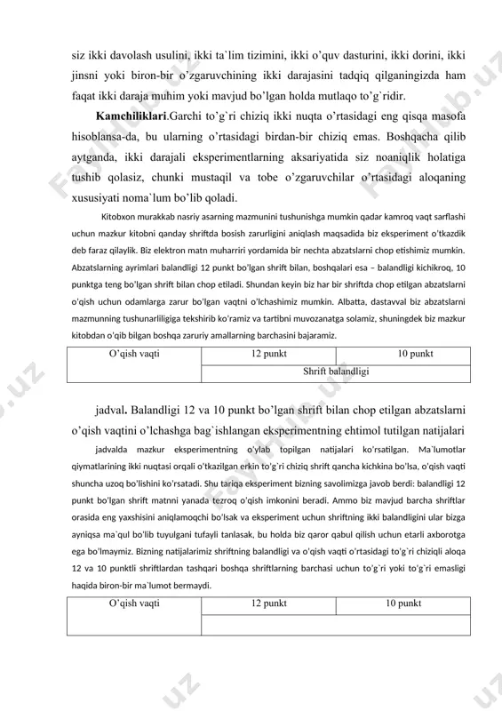kt shrift balandligi jadval. balandligi 12 va 10 punkt bo’lgan shrift bilan chop etilgan abzatslarni o’qish vaqtini o’lchashga bag`ishlangan eksperimentning ehtimol tutilgan natijalari jadvalda mazkur eksperimentning o’ylab topilgan natijalari ko’rsatilgan. ma`lumotlar qiymatlarining ikki nuqtasi orqali o’tkazilgan erkin to’g`ri chiziq shrift qancha kichkina bo’lsa, o’qish vaqti shuncha uzoq bo’lishini ko’rsatadi. shu tariqa eksperiment bizning savolimizga javob berdi: balandligi 12 punkt bo’lgan shrift matnni yanada tezroq o’qish imkonini beradi. ammo biz mavjud barcha shriftlar orasida eng yaxshisini aniqlamoqchi bo’lsak va eksperiment uchun shriftning ikki balandligini ular bizga ayniqsa ma`qul bo’lib tuyulgani tufayli tanlasak, bu holda biz qaror qabul qilish uchun etarli axborotga ega bo’lmaymiz. bizning natijalarimiz shriftning balandligi va o’qish vaqti o’rtasidagi to’g`ri chiziqli aloqa 12 va 10 punktli shriftlardan tashqari boshqa shriftlarning barchasi uchun to’g`ri yoki to’g`ri emasligi haqida biron-bir ma`lumot bermaydi. o’qish vaqti 12 punkt 10 punkt jadval. shrift balandligi va o’qish vaqti o’rtasida mavjudligi ehtimol tutilgan bir qator aloqalar. …