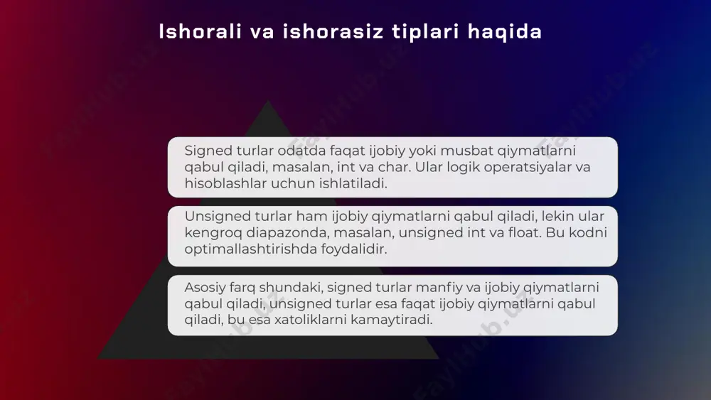 iy sonlar, matnlar va mantiqiy qiymatlar. har bir tippning o'ziga xos xususiyatlari va qo'llanilishi bor. masalan, butun sonlar raqamli hisoblash uchun, haqiqiy sonlar aniqroq hisob-kitoblar uchun mos keladi. tayanch tiplarning o'zaro aloqasi va tanlashda e'tibor berilishi kerak bo'lgan omillar: ma'lumot turi, xotira va hisoblash resurslari, dastur maqsadlari. to'g'ri tippni tanlash dastur samaradorligi va ishonchliligini ta'minlaydi. masalan, moliyaviy dasturlar uchun haqiqiy sonlar, o'yinlar uchun butun sonlar, matnlar uchun esa satr tippidan foydalaniladi. oʻzgaruvchilarni tanlashda e'tibor beriladigan jihatlar oʻzgaruvchilarni tanlashda ularning ma'lumot turiga e'tibor berish muhim. masalan, raqamli yoki kategoriyali ma'lumotlar amaliy qoʻllanilish uchun mos keladi. statistik xususiyatlar, masalan, dispersiya va o'zgaruvchanlik, tahlil maqsadlariga muvofiq bo'lishi kerak. bu, masalan, regressiya uchun muhimdir. o'zgaruvchining qiymat diapazoni va ma'lumotlar to'plamidagi o'rni, modelning aniqligi va interpretatsiyasiga ta'sir qiladi. tashqi muhit bilan bog'liqliklarni tushunish va ularni statistik tahlilga qo'shish, real hayotdagi qo'llanilishini yaxshilaydi. moslashuvchan va keng qo'llaniladi o'zgaruvchilarning tayanch tiplari keng tarqalgan va turli sohalarda muvaffaqiyatli …