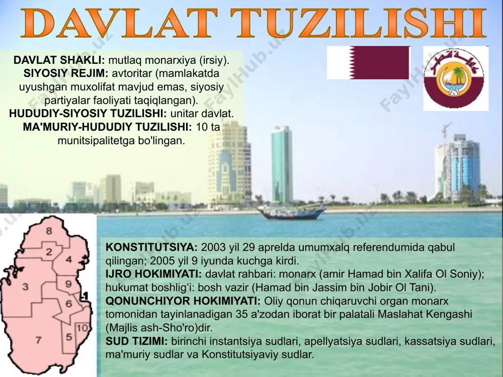 ida ma’lumot beruvchi universal axborot resursiga aylandi. aholining mehnatga, xususiy mulkka va kapitalga bo'lgan huquqlari kafolatlangan erkin iqtisodiyotni rivojlantirish davlat siyosatining asosidir. qatar aholisi bepul ta'lim va sog'liqni saqlash xizmatlaridan foydalanadi. qatarda ichimlik suvi avvallari buloqlardan yoki quduqlardan olinadigan bo‘lsa, bugun mamlakatda dengiz suvidan tuzni olib tashlash uchun yirik zavodlar qurilgan. chuchuk suv quvurlar orqali uylarga yetkaziladi va dalalarni sug'orish uchun ishlatiladi. hukumat fermerlarga tekin urug‘lik, pestitsidlar va o‘g‘itlar yetkazib berish orqali sabzavot, meva va g‘alla hosilini oshirishga ko‘maklashmoqda. neft qatarda neft va gaz sektori byudjet daromadlarining asosiy manbai bo‘lib, mamlakat iqtisodiyotida katta rol o‘ynaydi. bp 2009 yilgi jahon energetikasining statistik sharhiga ko'ra qatarning neft zaxiralari 27,3 mlrd (10 9 ) barrel; jahon zahiralarining % = 2,2; ishlab chiqarish = kuniga 1378 ming (10³) barrel; 54 yil uchun yetarli neft bor (zaxira/ishlab chiqarish sifatida hisoblangan). qatarning neft sanoati davlat nazorati ostida. qatar davlat neft kompaniyasi qatar general petroleum corporation (qgpc) …