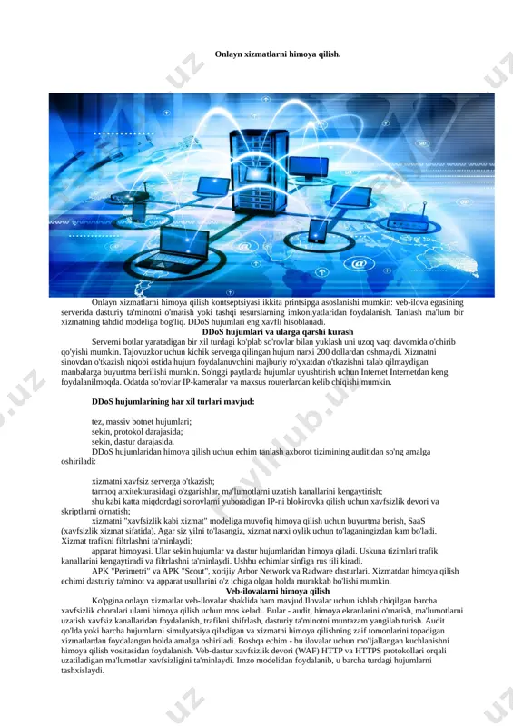 lab qilmaydigan manbalarga buyurtma berilishi mumkin. so'nggi paytlarda hujumlar uyushtirish uchun internet internetdan keng foydalanilmoqda. odatda so'rovlar ip-kameralar va maxsus routerlardan kelib chiqishi mumkin. ddos hujumlarining har xil turlari mavjud: tez, massiv botnet hujumlari; sekin, protokol darajasida; sekin, dastur darajasida. ddos hujumlaridan himoya qilish uchun echim tanlash axborot tizimining auditidan so'ng amalga oshiriladi: xizmatni xavfsiz serverga o'tkazish; tarmoq arxitekturasidagi o'zgarishlar, ma'lumotlarni uzatish kanallarini kengaytirish; shu kabi katta miqdordagi so'rovlarni yuboradigan ip-ni blokirovka qilish uchun xavfsizlik devori va skriptlarni o'rnatish; xizmatni "xavfsizlik kabi xizmat" modeliga muvofiq himoya qilish uchun buyurtma berish, saas (xavfsizlik xizmat sifatida). agar siz yilni to'lasangiz, xizmat narxi oylik uchun to'laganingizdan kam bo'ladi. xizmat trafikni filtrlashni ta'minlaydi; apparat himoyasi. ular sekin hujumlar va dastur hujumlaridan himoya qiladi. uskuna tizimlari trafik kanallarini kengaytiradi va filtrlashni ta'minlaydi. ushbu echimlar sinfiga rus tili kiradi. apk "perimetri" va apk "scout", xorijiy arbor network va radware dasturlari. xizmatdan himoya qilish echimi dasturiy ta'minot …