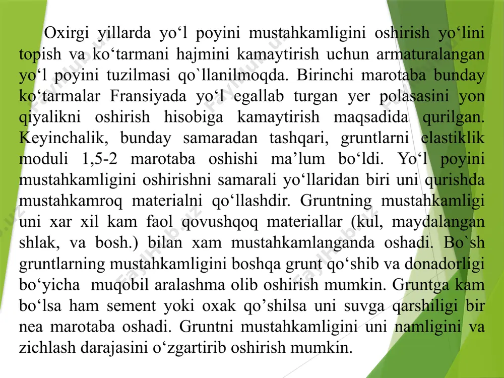 arni zichlashni nazariy chegarasi - gazsimon fazani nolli miqdoriga teng skelet zichligi amal qiladi. uni quyidagi ifoda bilan hisoblash mumkin. bu erda δs - suvning zichligi, g/sm ; δk - qattiq faza materialining zichligi (gillar uchun o‘rtacha 2,70, suglinoklar uchun 2,68 va qumlar uchun 2,65 g/sm3). amalda gruntda doimo u yoki boshqa miqdorida gazsimon faza koladi. zichlashtiruvchi yukni berilgan sharoitdagi ta’sirida (yukning qiymati, uni ta’sir davomiyligi, ta’sir soni, ta’sir tartibi) ma’lum bir grunt uchun gazsimon fazani qoldiqhajmi grunt tarkibiga va uni zichlashdagi namligiga bog‘liq bo‘ladi. natijada grunt skeletini zichligi zichlashtirilgandan so‘ng zichlashdagi namligi va yukni ta’sir sharoitini (zichlashga sarf qilingan ish ko‘rinishida ko‘rsatilgan - funksiyasi bo‘ladi. muqobil (maksimal) zichlik δ va muqobil namlik w0 ni gruntni zichlash uchun sarf bo‘lgan ish a ni oshishiga bog‘liqlik grafigi. e’tiboringiz uchun raxmat!!! image1.png image2.jpeg image3.png image4.png image5.png image6.png image7.png image8.png /docprops/thumbnail.jpeg
