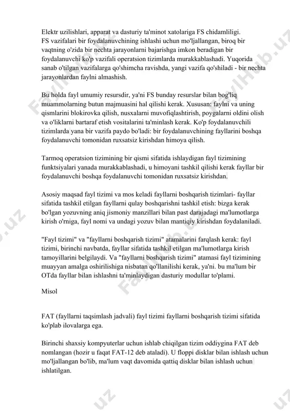 jallangan, biroq bir vaqtning o'zida bir nechta jarayonlarni bajarishga imkon beradigan bir foydalanuvchi ko'p vazifali operatsion tizimlarda murakkablashadi. yuqorida sanab o'tilgan vazifalarga qo'shimcha ravishda, yangi vazifa qo'shiladi - bir nechta jarayonlardan faylni almashish. bu holda fayl umumiy resursdir, ya'ni fs bunday resurslar bilan bog'liq muammolarning butun majmuasini hal qilishi kerak. xususan: faylni va uning qismlarini blokirovka qilish, nusxalarni muvofiqlashtirish, poygalarni oldini olish va o'liklarni bartaraf etish vositalarini ta'minlash kerak. ko'p foydalanuvchili tizimlarda yana bir vazifa paydo bo'ladi: bir foydalanuvchining fayllarini boshqa foydalanuvchi tomonidan ruxsatsiz kirishdan himoya qilish. tarmoq operatsion tizimining bir qismi sifatida ishlaydigan fayl tizimining funktsiyalari yanada murakkablashadi, u himoyani tashkil qilishi kerak fayllar bir foydalanuvchi boshqa foydalanuvchi tomonidan ruxsatsiz kirishdan. asosiy maqsad fayl tizimi va mos keladi fayllarni boshqarish tizimlari- fayllar sifatida tashkil etilgan fayllarni qulay boshqarishni tashkil etish: bizga kerak bo'lgan yozuvning aniq jismoniy manzillari bilan past darajadagi ma'lumotlarga kirish o'rniga, fayl nomi va undagi yozuv bilan …
