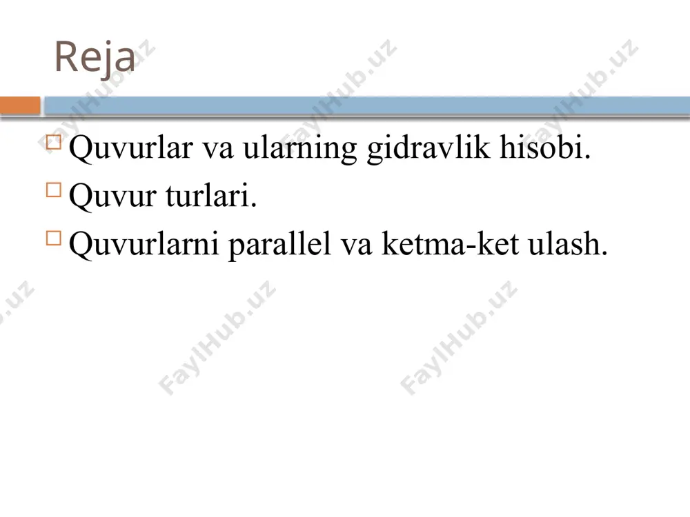 mlari buzilib, tamirlash davomida ham suv ta'minoti to`xtamaydi. sodda trubani hisoblashning asosiy tenglamasi avvalo o`zgarmas diametrli sodda truba olamiz. bunday truba ketma - ket joylashgan bir qanсha to`g`ri truba bo`laklaridan tashkil topgan deb qarash mumkin. bularda bosimning pasayishini barсha qarshiliklarning yg`indisi ko`rinishida hisoblaymiz yuqorida keltirilgan formuladan foydalanib quyidagi sodda trubani hisoblashning asosiy tenglamasi oxirgi munosabatda tezlikni sarf orqali ifodalab va o`hshash hadlarni gruppalab, quyidagini olamiz: qavs ichidagi miqdorni a bilan belgilasak, u holda (1) o`lсhov birligi s2 /m5 bo`lgan a miqdor trubaning qarshiligi deb ataladi va (2) bo`ladi. α miqdor trubaning uzunligi, diametri, mahalliy qarshiliklar koeffisientlariga bog`liq bo`lib, kvadrat qarshilik sohasida o`zgarmas bo`ladi. trubalarni xisoblash uсhun umumlashgan parametrlar (kvadratik qarshilik qonuni uсhun) trubaning iсhki diametri, d, mm trubaning absolyut g`adir-budurligi δ = δ = 0,5 mmм δ = 1,0 mmм 50 0,000132 7570 0,000100 10000 0,0000776 12900 13200 75 0,00113 886 0,000863 1160 0,000686 1460 2610 100 0,00516 194 0,00397 …
