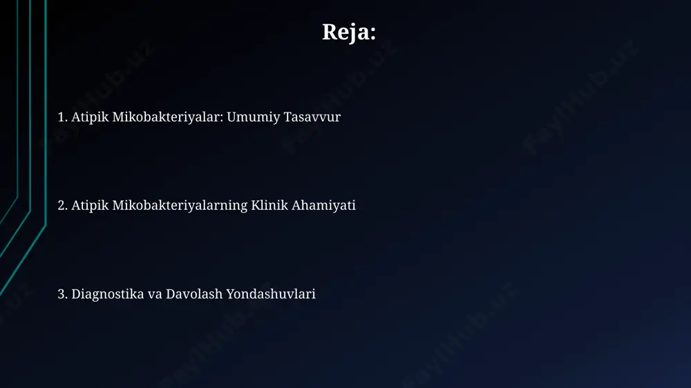 sh, ularning patogenezini va davo usullarini tushunishda yordam beradi. nontuberkulyoz mikobakteriyalarining 16s rrnk gen ketma-ketligini tahlil qilish ularning aniq turlarini aniqlash va diagnostika samaradorligini oshirishda muhim ahamiyatga ega. tashxis qo'yish usullari pcr (polimeraza zanjiri reaksiyasi) usuli mikobakteriyalarning dnksini aniqlash orqali 1-2 kun ichida tezkor tashxis qo'yish imkonini beradi, ammo ba'zi hollarda soxta manfiy natijalar berishi mumkin. atipik mikobakteriyalarni aniqlashda mikroskopik tekshiruv, gram bo'yash va zn bo'yash usullari qo'llaniladi, bu 3-5 kun ichida dastlabki natijalarni beradi. molekulyar diagnostika микобактерияларнинг турли хил клонларини аниқлаш учун, масалан, is6110 элементининг копия сонини аниқлаш орқали, молекуляр типизация қўлланилади, бу эса эпидемиологик текширишларда муҳим аҳамиятга эга. нуклеин кислоталарининг амплификациясига асосланган турли хил молекуляр усуллар (пзр, lamp) ёрдамида, микобактерияларни тезкор ва юқори сезувчанлик билан аниқлаш мумкин, бу эса даволаш стратегияларини оптималлаштиришга ёрдам беради. atipik mikobakteriyalar nima? atipik mikobakteriyalar diagnostik jihatdan murakkab bo'lib, ularni aniqlash uchun maxsus madaniy usullar va molekulyar testlar, masalan, pcr, qo'llaniladi. atipik mikobakteriyalar, mycobacterium …
