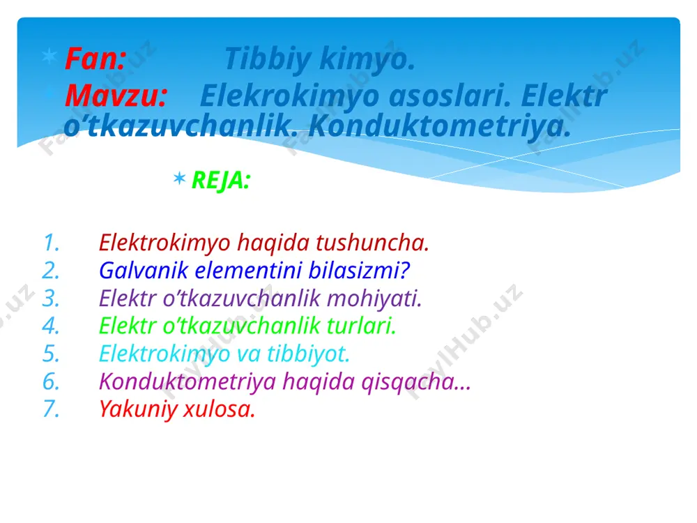 zonasiga, moddalarning kelib turish tezligiga va reaksiya mahsulotlarining olib ketish tezligiga bog‘liqdir. o`tkazgichning elektr tokini o`tkazish qobiliyati elektr o`tkazuvchanlik kattaligi bilan baholanadi. elektro‘tkazuvchanlik deb, moddalarning elektr tokini o‘tkazish qobiliyatiga aytiladi. elektro‘tkazuvchanlik, l- tok o‘tkazgich qarshiligining teskari ifodasidir: (yoki sm – simens) 2-tur o‘tkazgichilar (elektrolitlarning eritmalari va qotishmalari) da elektr toki ionlar orqali uzatiladi. l=1/r; om^-1 ionlarning harakat tezligi. eritma cheksiz suyultirilganda gazda va doimiy temperaturada ionlarning absolyut harakat tezligi har bir ionning o‘ziga xos xususiyatidir. u ion zaryaining katta-kichikligiga, gidratlanish darajasiga, erituvching xossalariga va hokazolarga qarab aniqlanadi. shu bilan bir vaqtda eritma cheksiz suyultirilganda ionlar harakatini susaytiruvchi o‘zaro ta’sir bo‘lmaydi. li+ ioni kichik, suvda sekin harakat qiladi. k+ ioni nisbatan katta, suvda tez harakatlanadi ba+ va mg+ ionlari na+ ionlaridan tez, k+ionlaridan sekin h. h+ va oh- ionlarining harakat tezligi juda katta elektrolit eritmasi uchun solishtirma elektr o`tkazuvchanlik deb 1 sm2 yuzali, oralaridagi masofa 1 sm bo`lgan, ikki parallel elektrod …